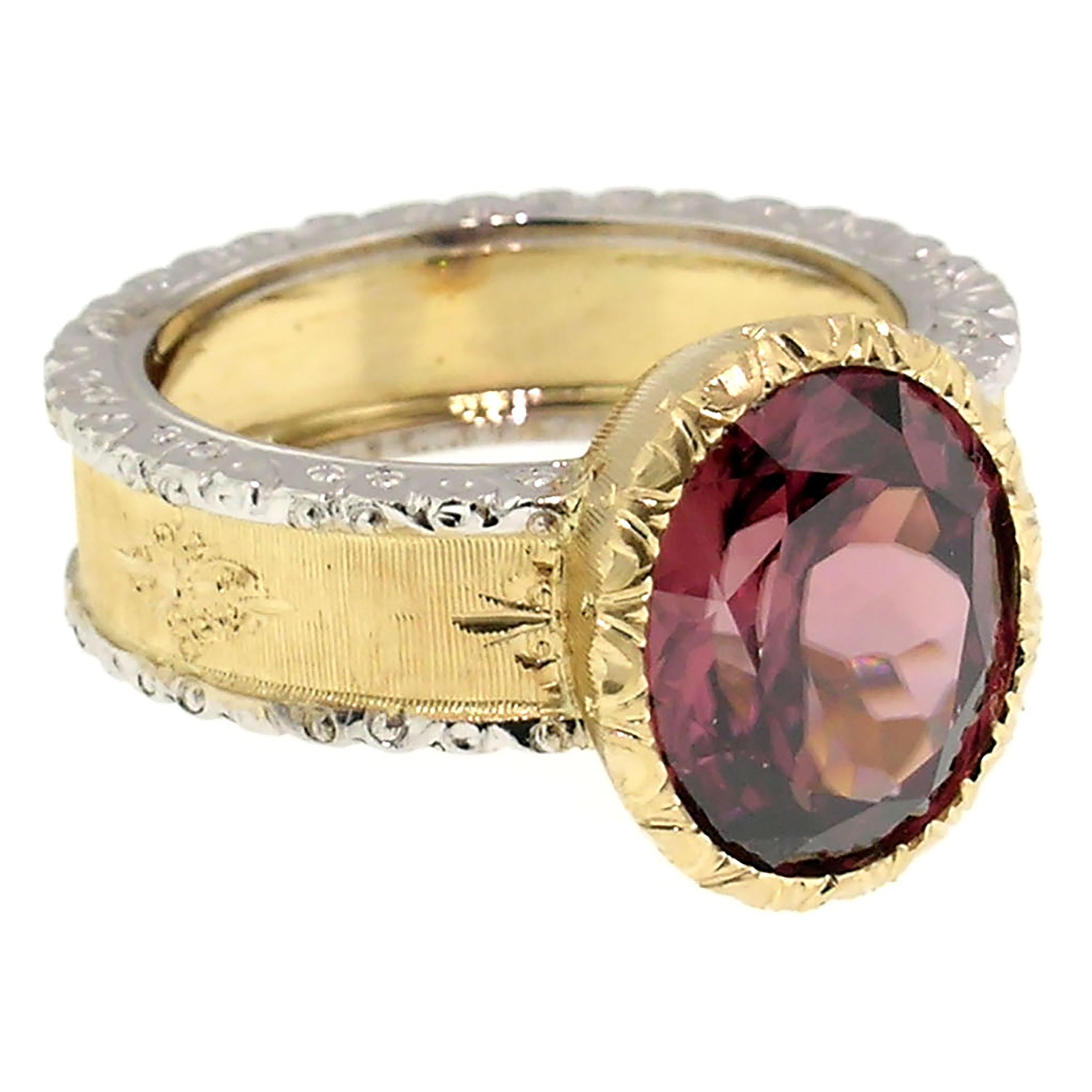 Oval Cut 18kt Hand Engraved Ring with Tanzanian Pink Zircon, Handmade in Florence, Italy
