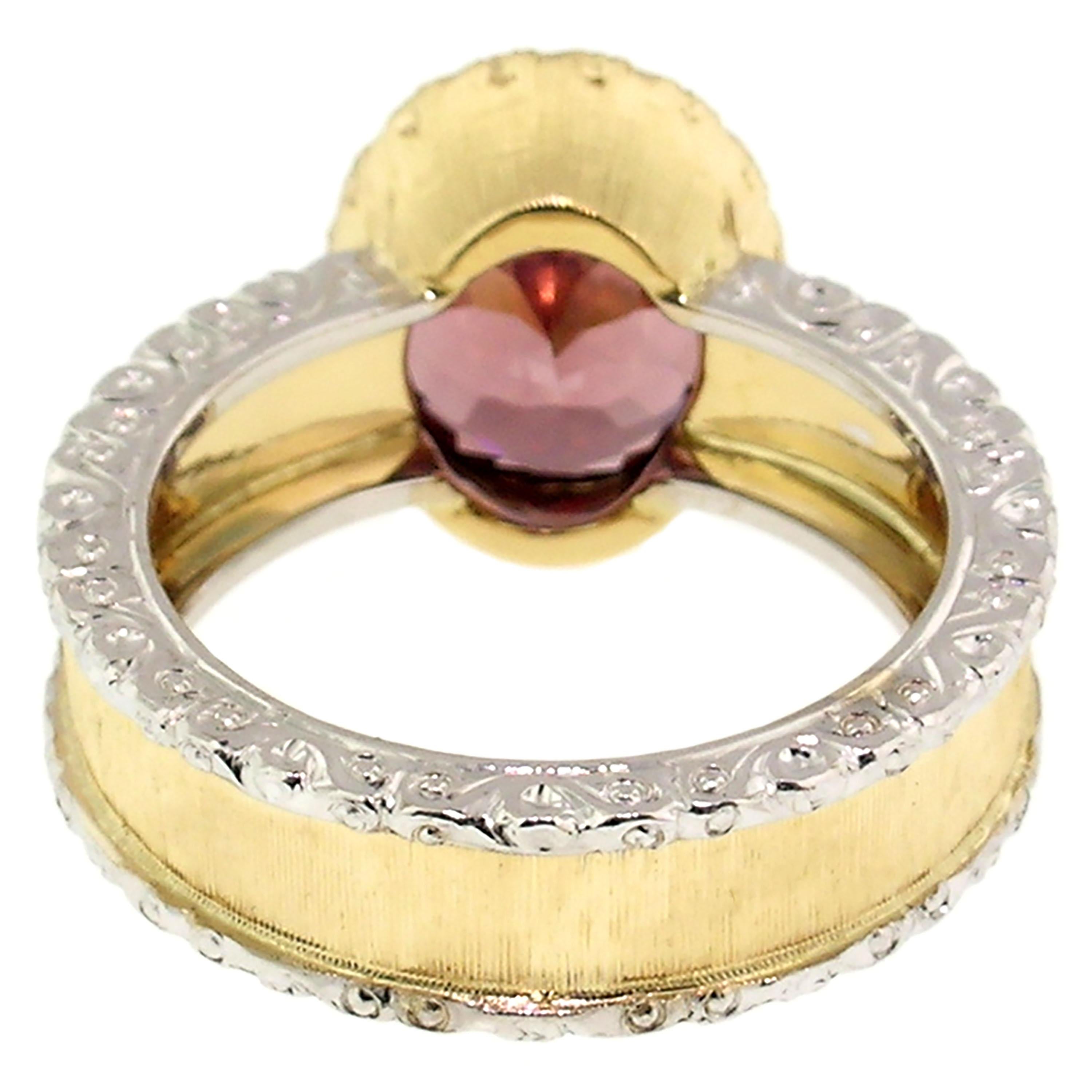 18kt Hand Engraved Ring with Tanzanian Pink Zircon, Handmade in Florence, Italy 1