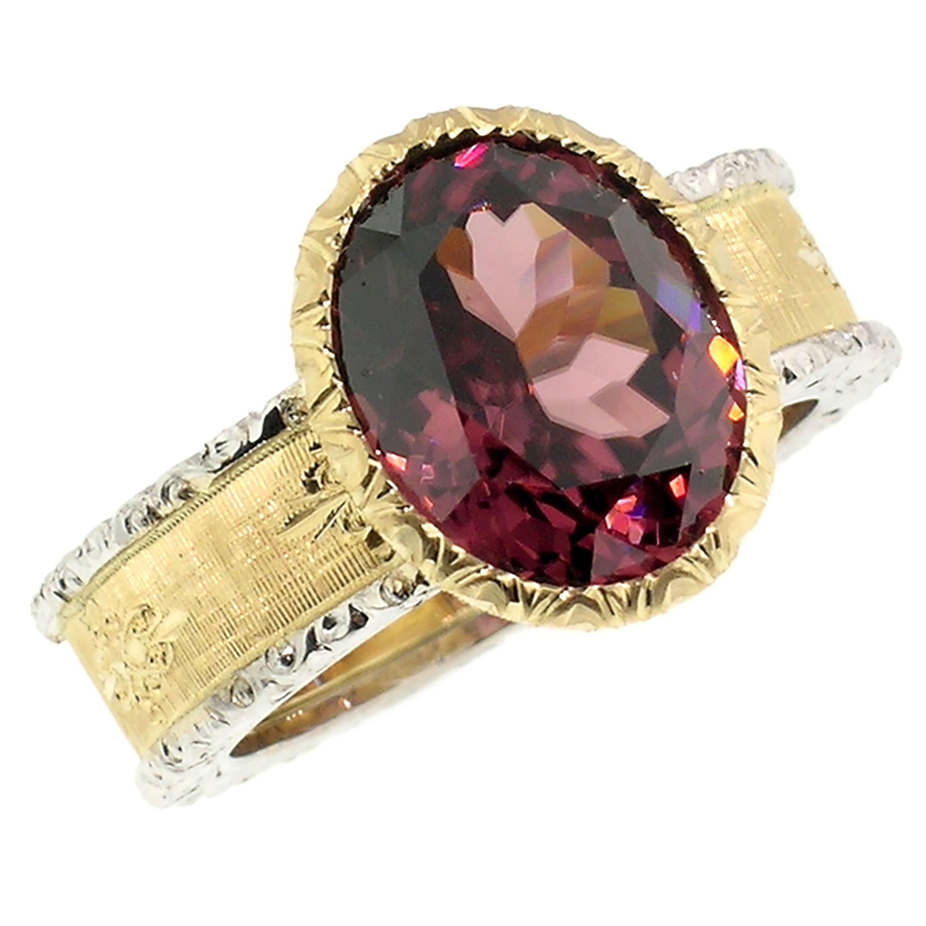 18kt Hand Engraved Ring with Tanzanian Pink Zircon, Handmade in Florence, Italy