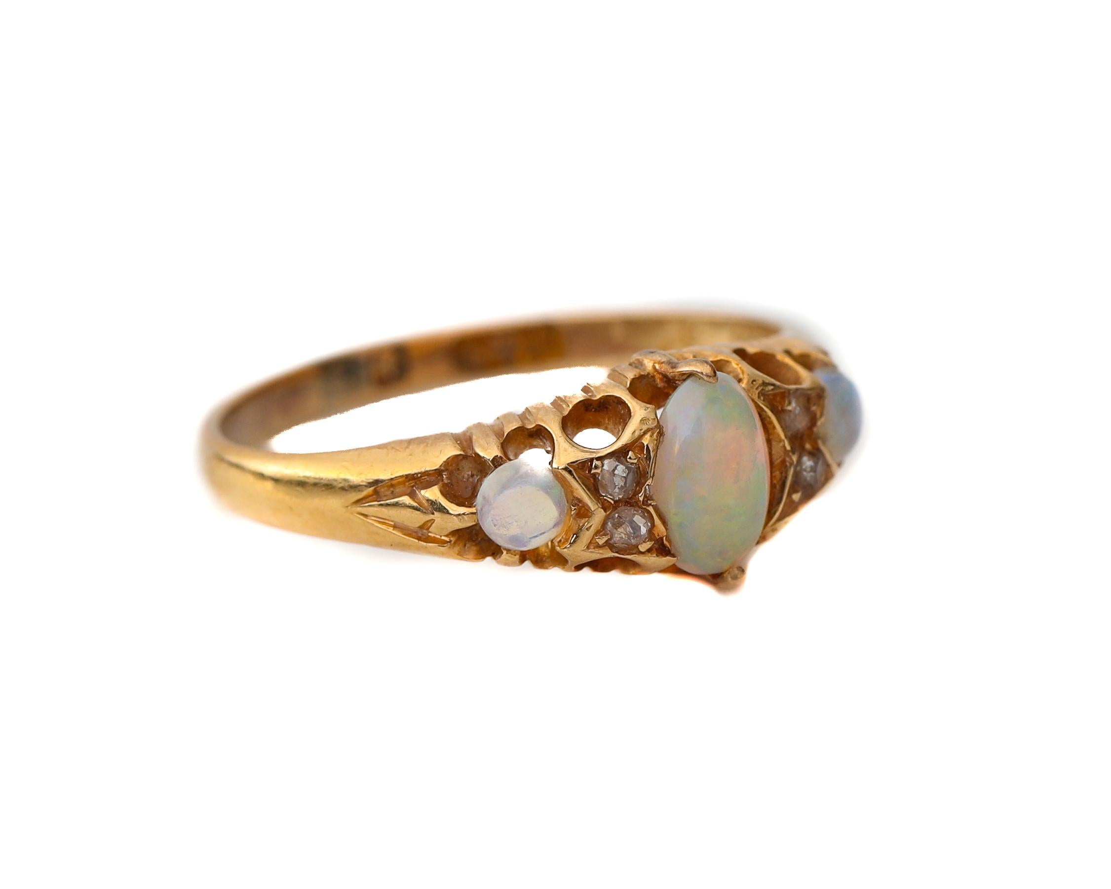 Oval Cut 18 Karat Hand Etched Victorian Opal Ring with Diamond Accents