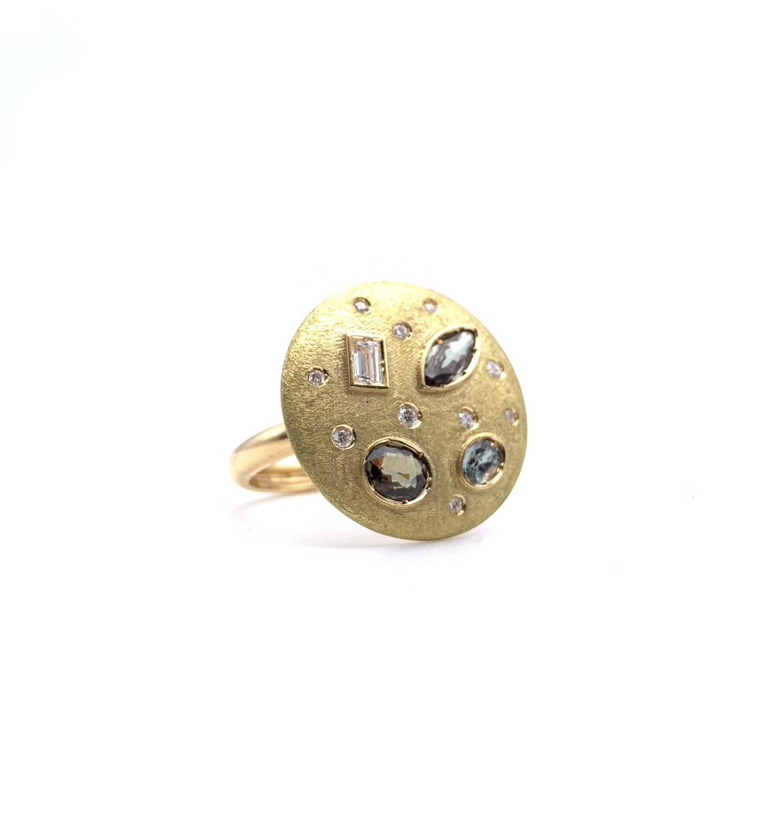 Modern 18KT Handmade Alexandrite and Diamond Disc Ring For Sale