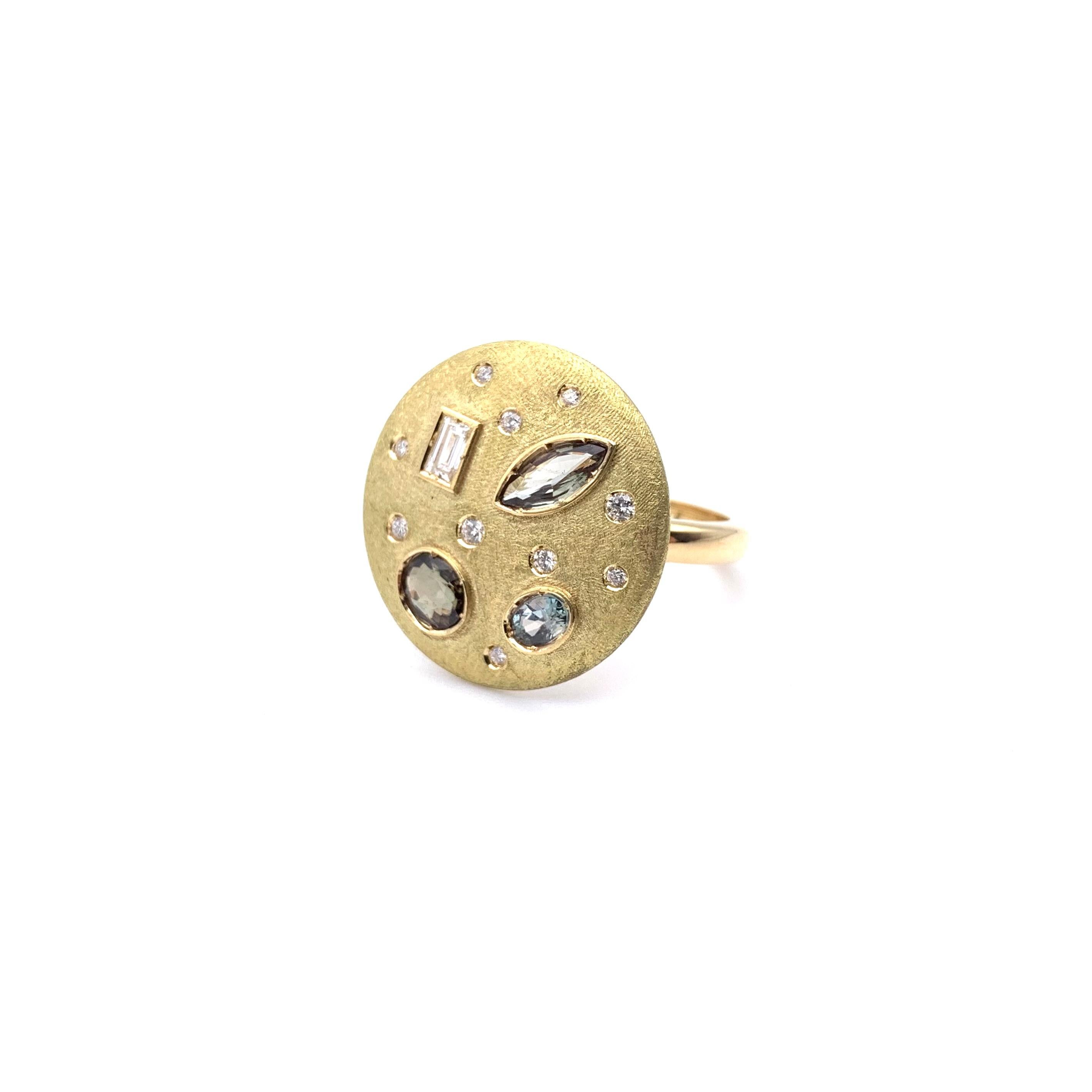 18KT Handmade Alexandrite and Diamond Disc Ring For Sale 1