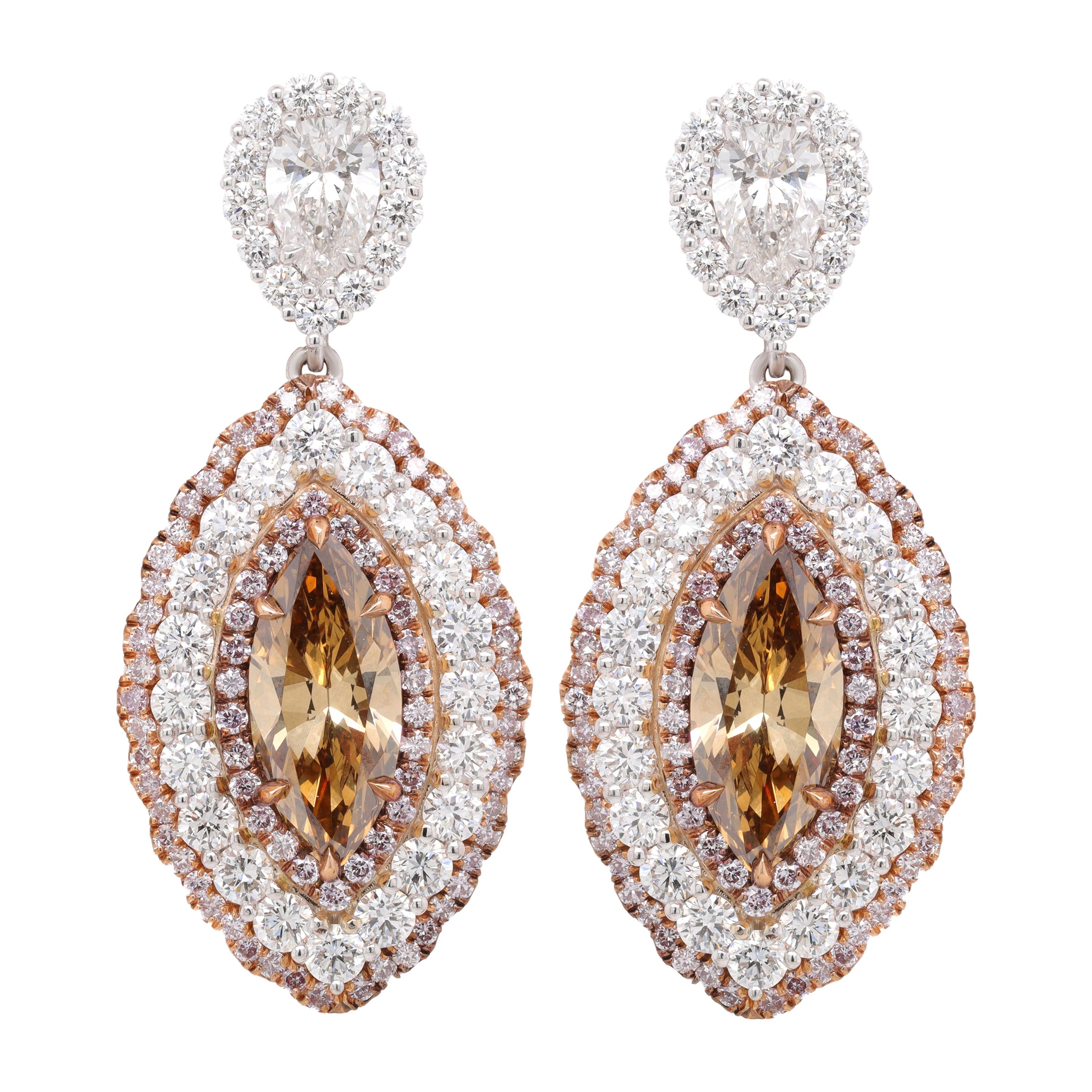 18kt Handmade Earrings with Center Marquise & Pear Shapes Pave Diamond For Sale