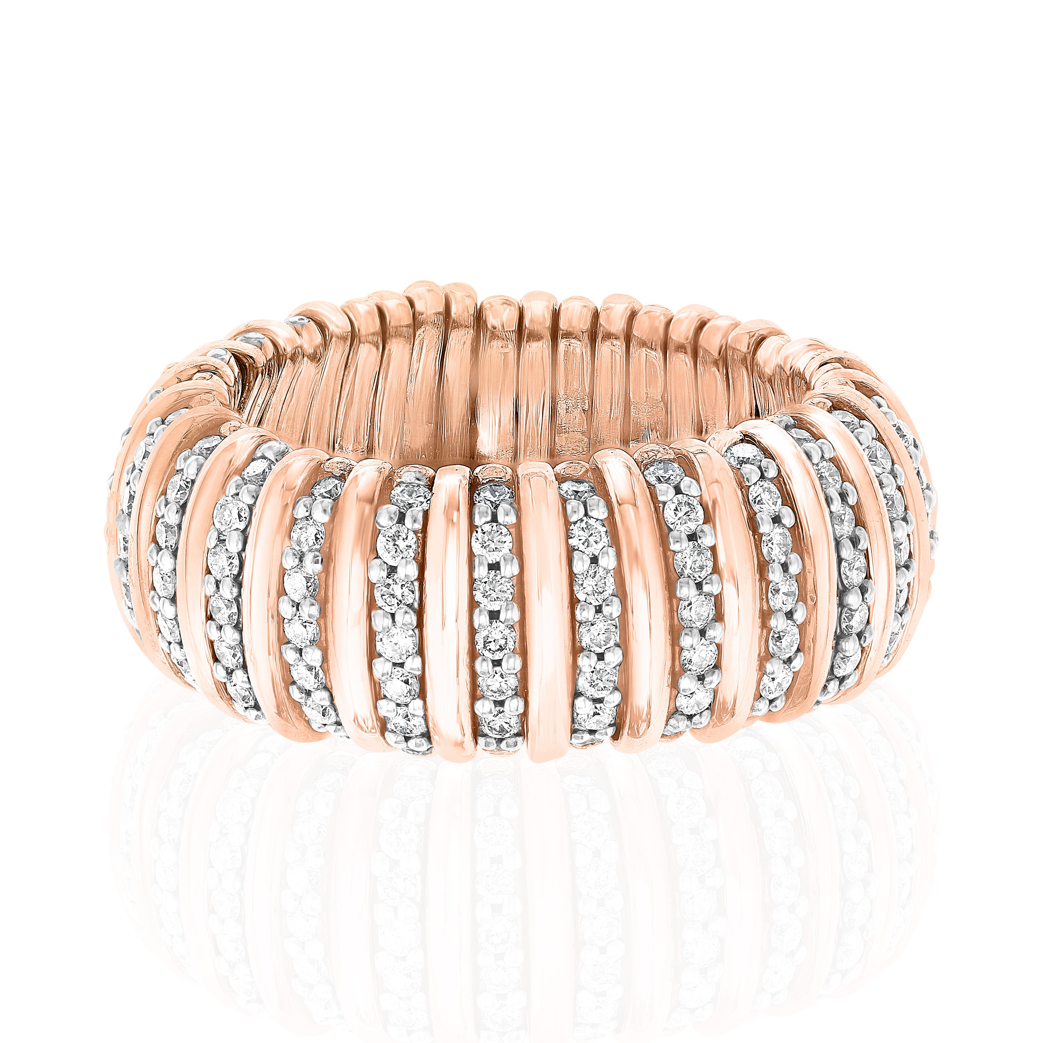 Two Tone Rose and White Gold set with Round Diamonds weighing 1.399 Carats.
Diamond pattern going all the way around.
Ring is stretchable and can be worn between a size 8-10.
18 Karat Gold.