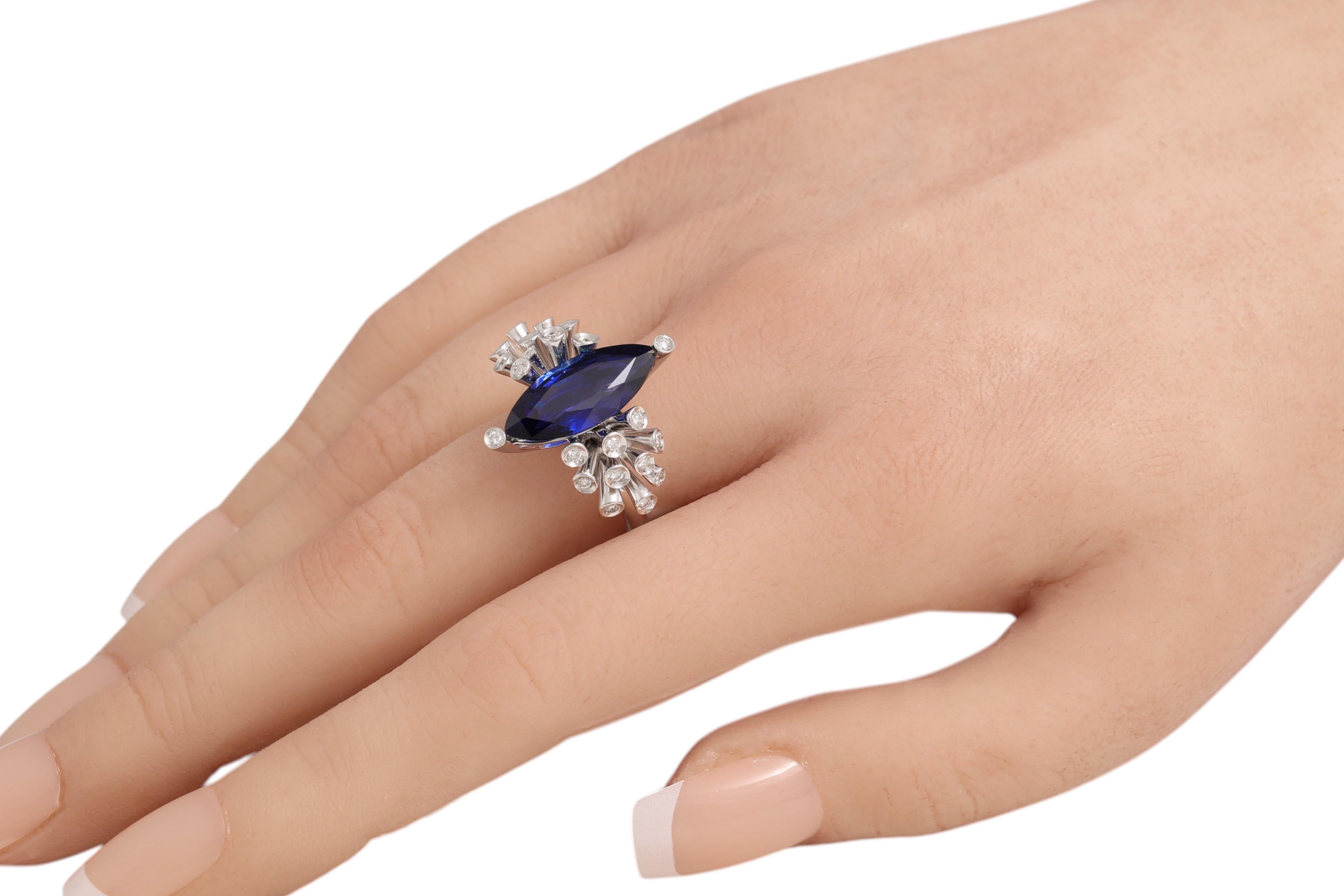 18kt Maria Gaspari Marquise Intense Blue Sapphire and Diamond Engagement Ring For Sale 5
