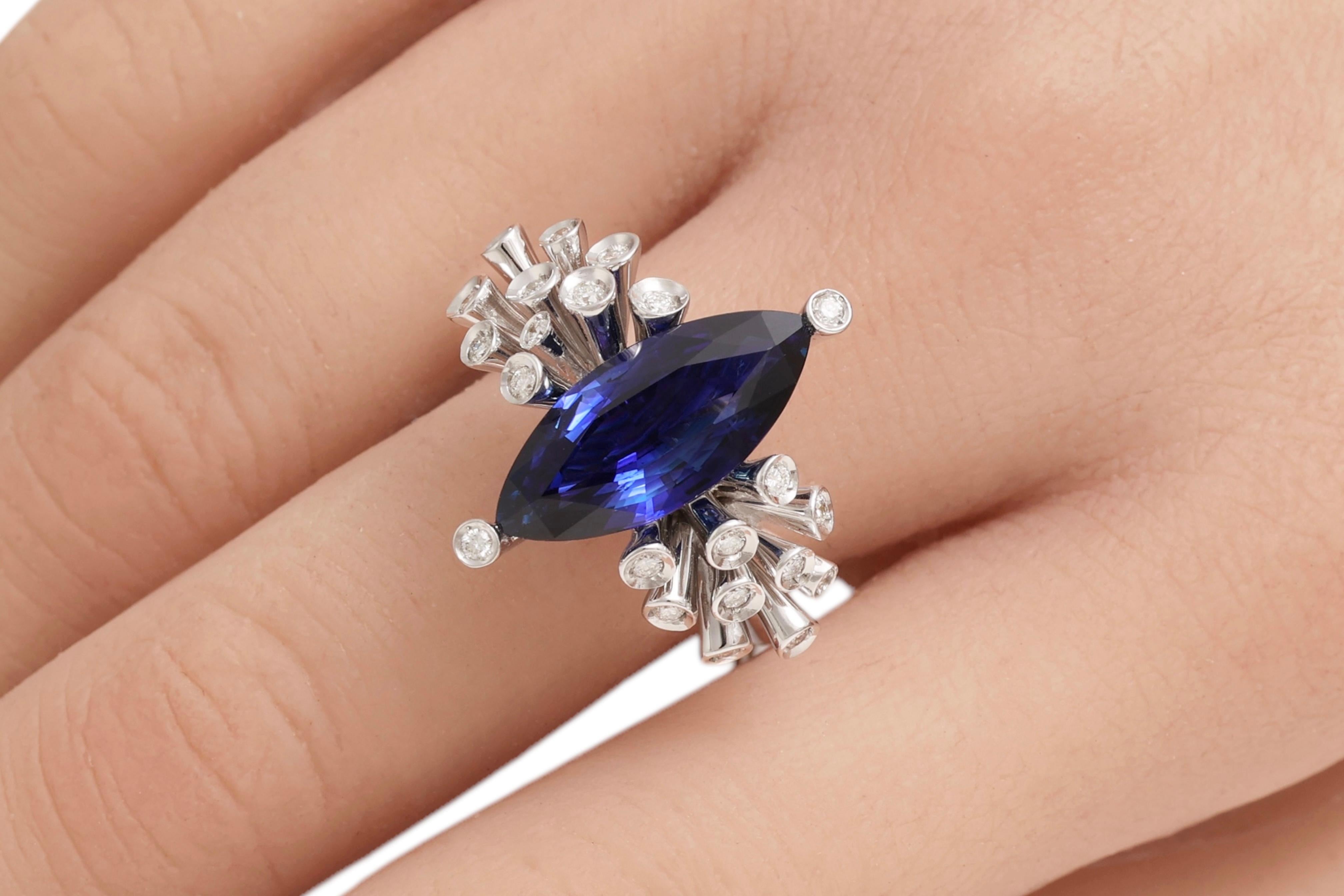 18kt Maria Gaspari Marquise Intense Blue Sapphire and Diamond Engagement Ring For Sale 2