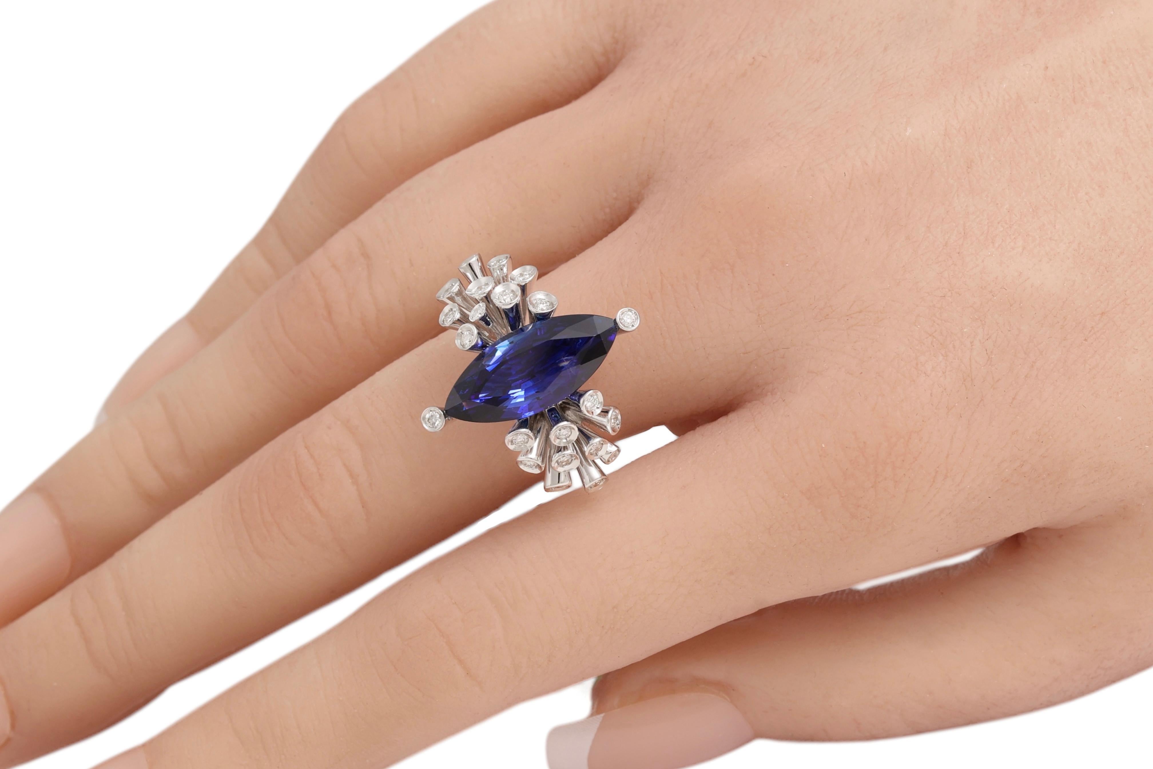 18kt Maria Gaspari Marquise Intense Blue Sapphire and Diamond Engagement Ring For Sale 3