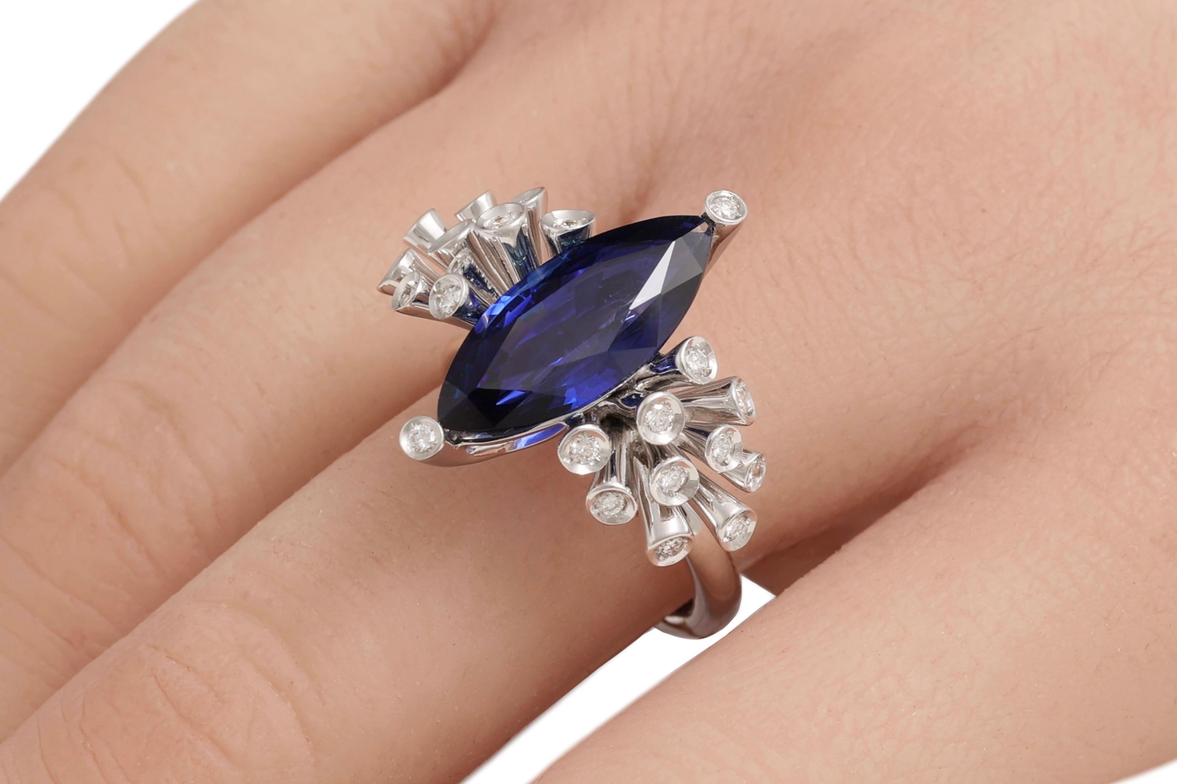 18kt Maria Gaspari Marquise Intense Blue Sapphire and Diamond Engagement Ring For Sale 4