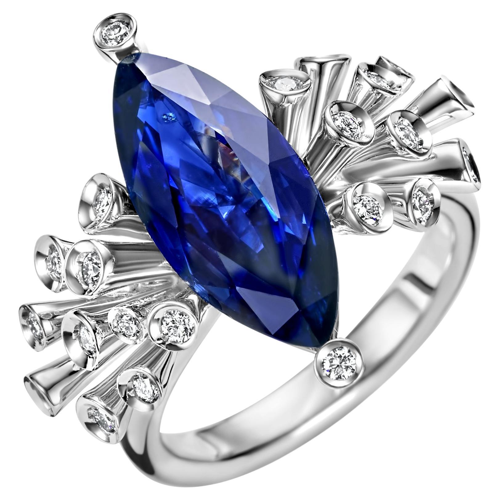 18kt Maria Gaspari Marquise Intense Blue Sapphire and Diamond Engagement Ring