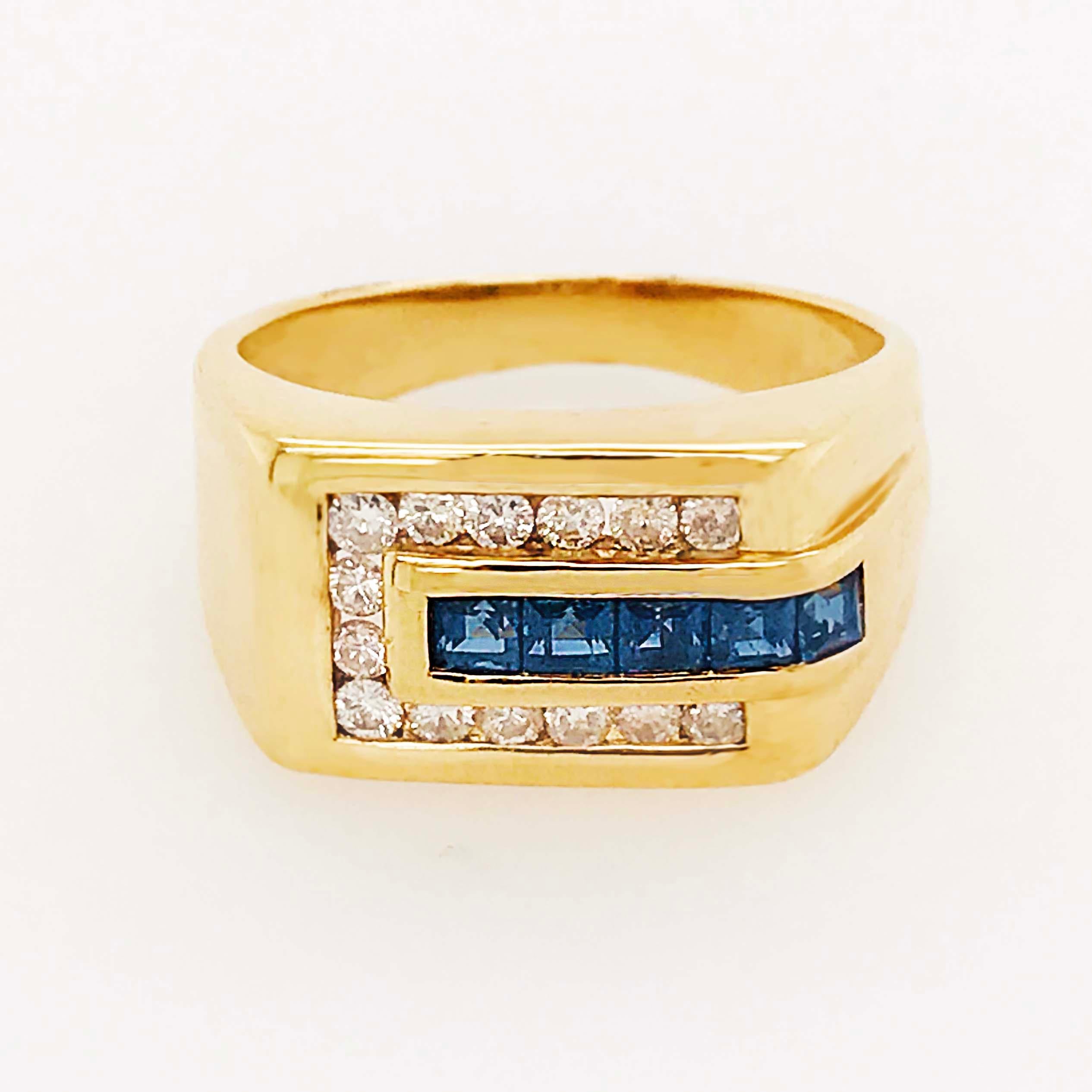 The 18 karat yellow gold sapphire and diamond ring is rectangle shape and very striking!  This ring looks great on a man’s ring finger or pinky finger or on the middle or pointer finger of a lady.  The diamonds and gemstones are channel set so that