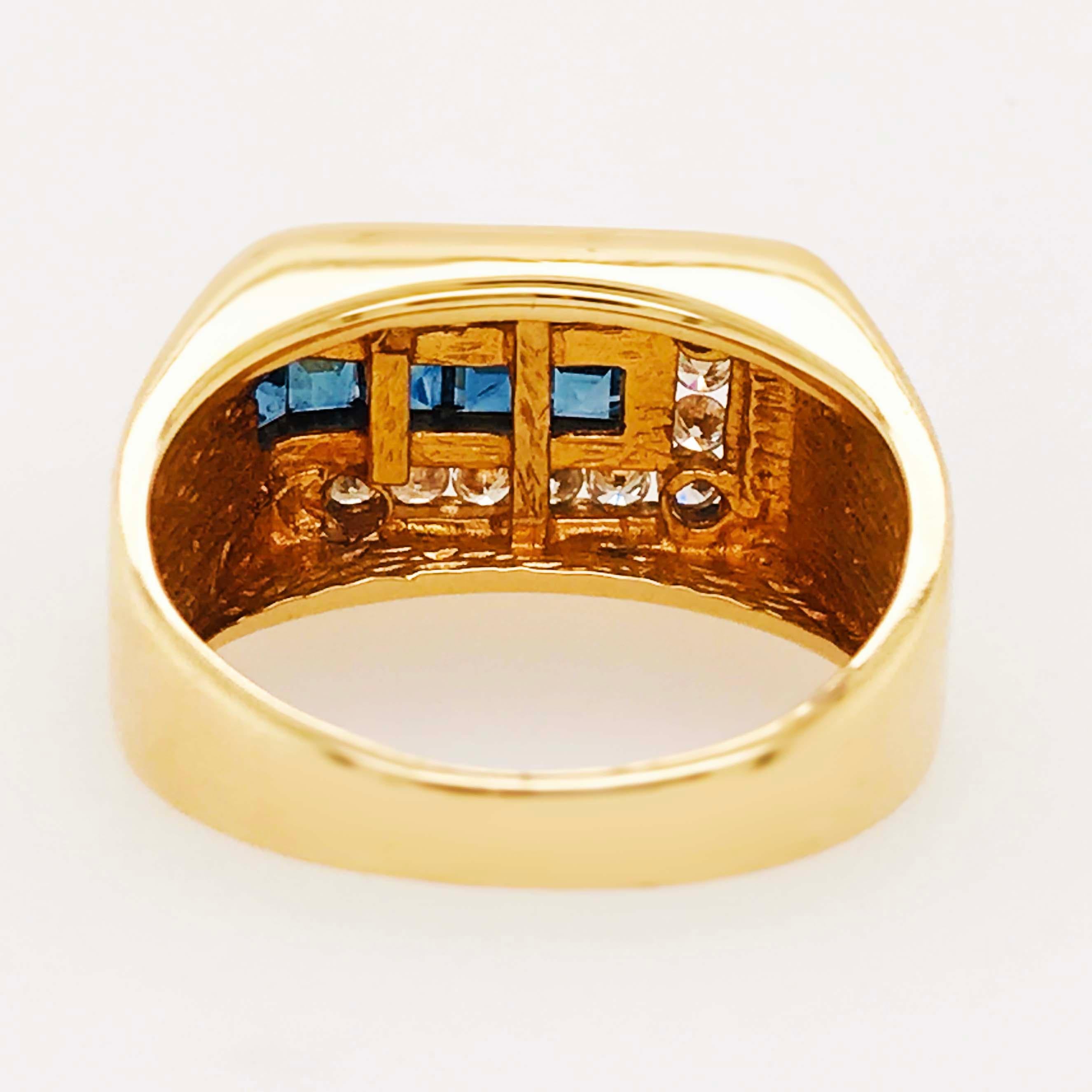 Modern 18kt Men’s Sapphire Diamond Rectangle Ring Yellow Gold, Man’s Sapphire 18 K Gold
