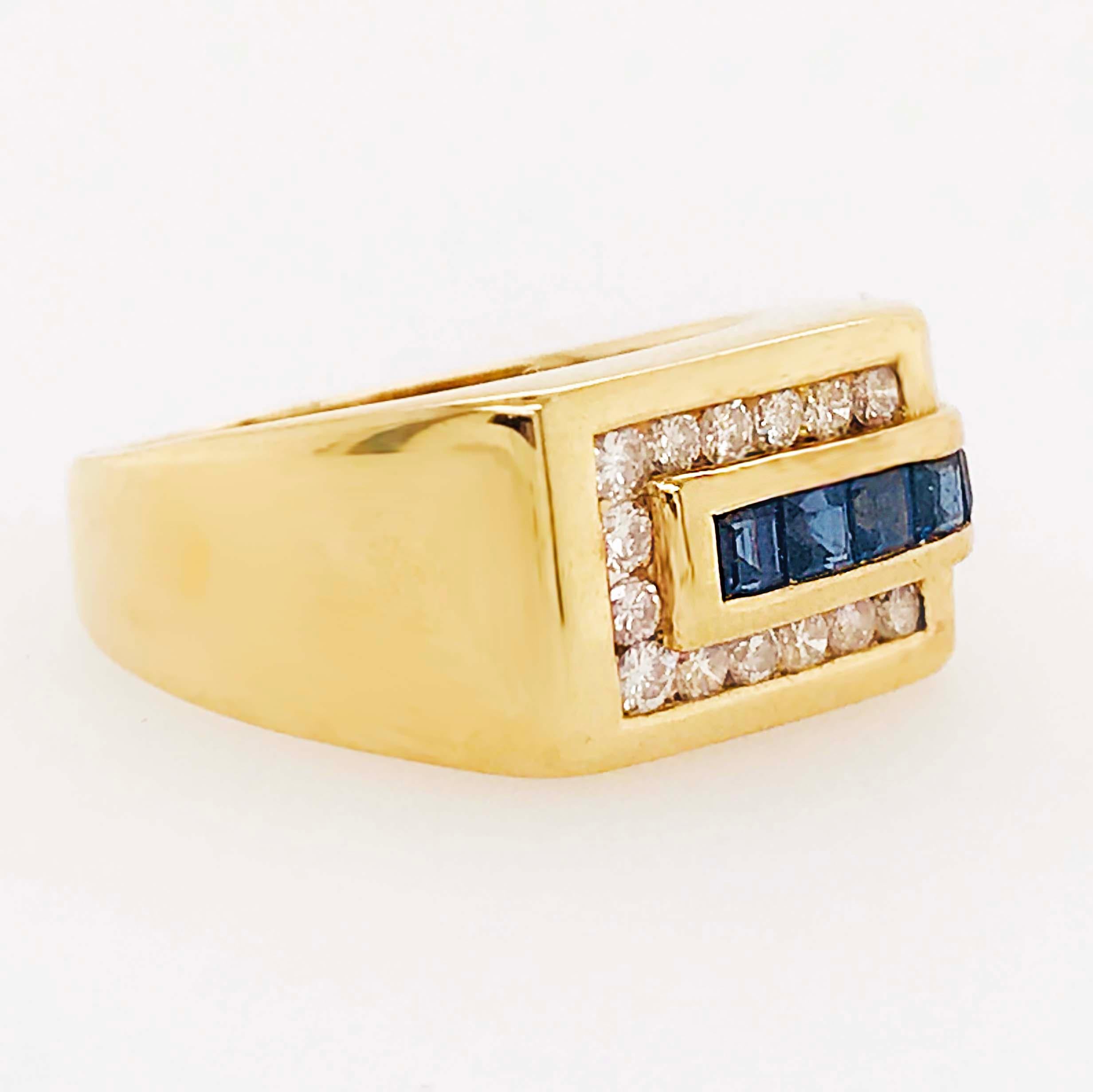 Square Cut 18kt Men’s Sapphire Diamond Rectangle Ring Yellow Gold, Man’s Sapphire 18 K Gold