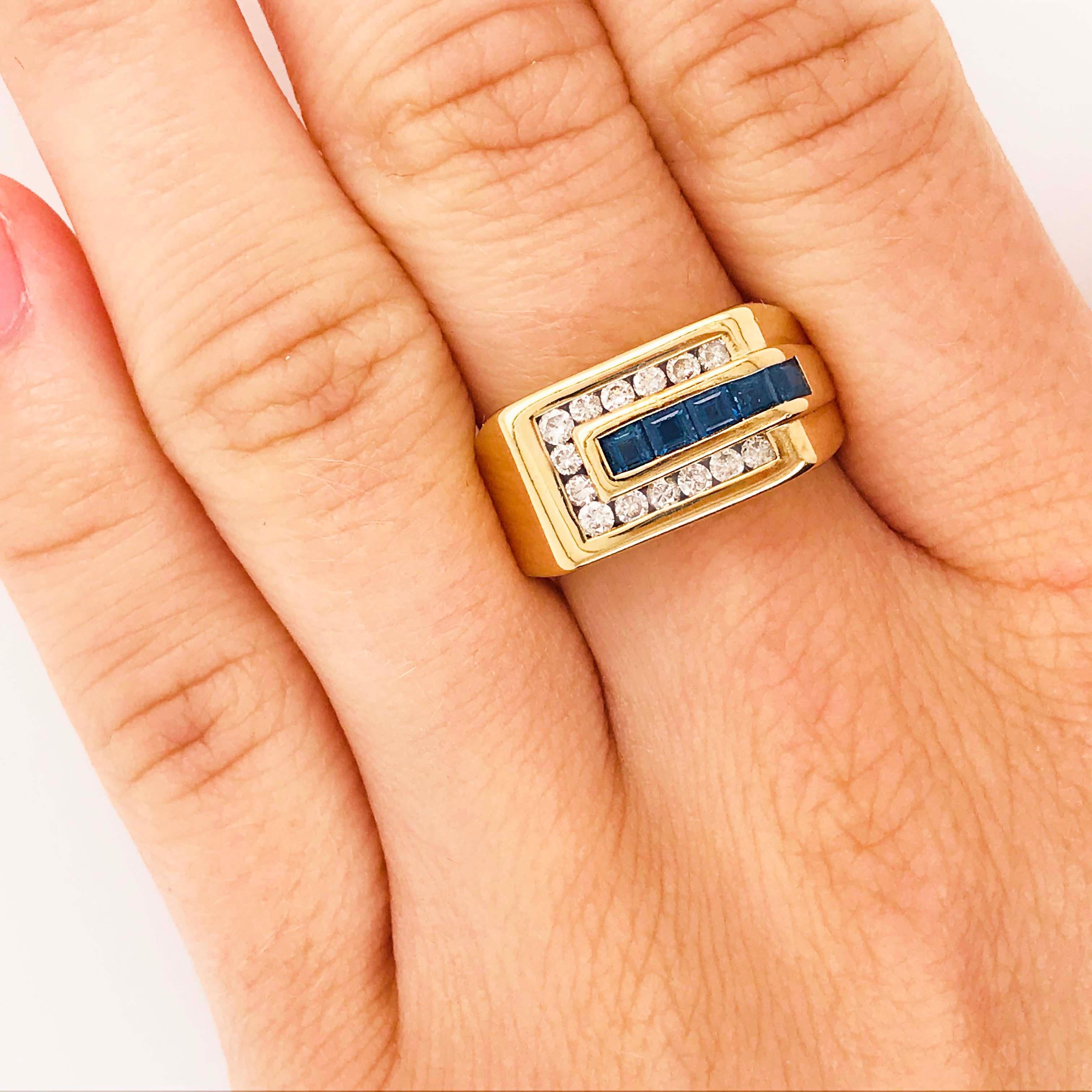 Women's or Men's 18kt Men’s Sapphire Diamond Rectangle Ring Yellow Gold, Man’s Sapphire 18 K Gold