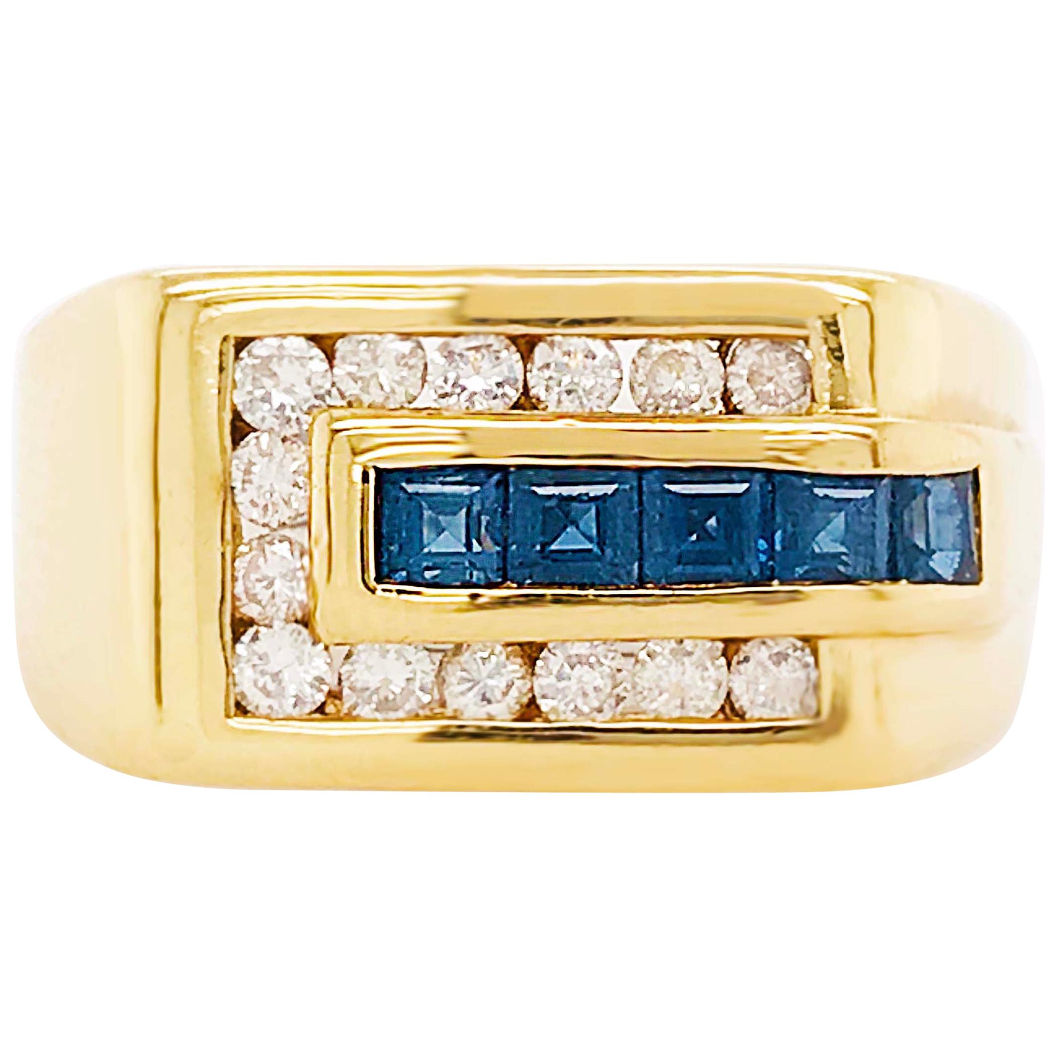 18kt Men’s Sapphire Diamond Rectangle Ring Yellow Gold, Man’s Sapphire 18 K Gold