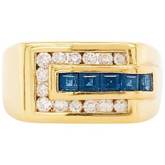 Bague rectangulaire en or jaune 18 carats avec saphir et diamants pour homme, saphir et or 18 carats