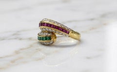 18Kt Natural Sapphire Emerald Diamond Cocktail ByPass Ring 1.77CT Gold