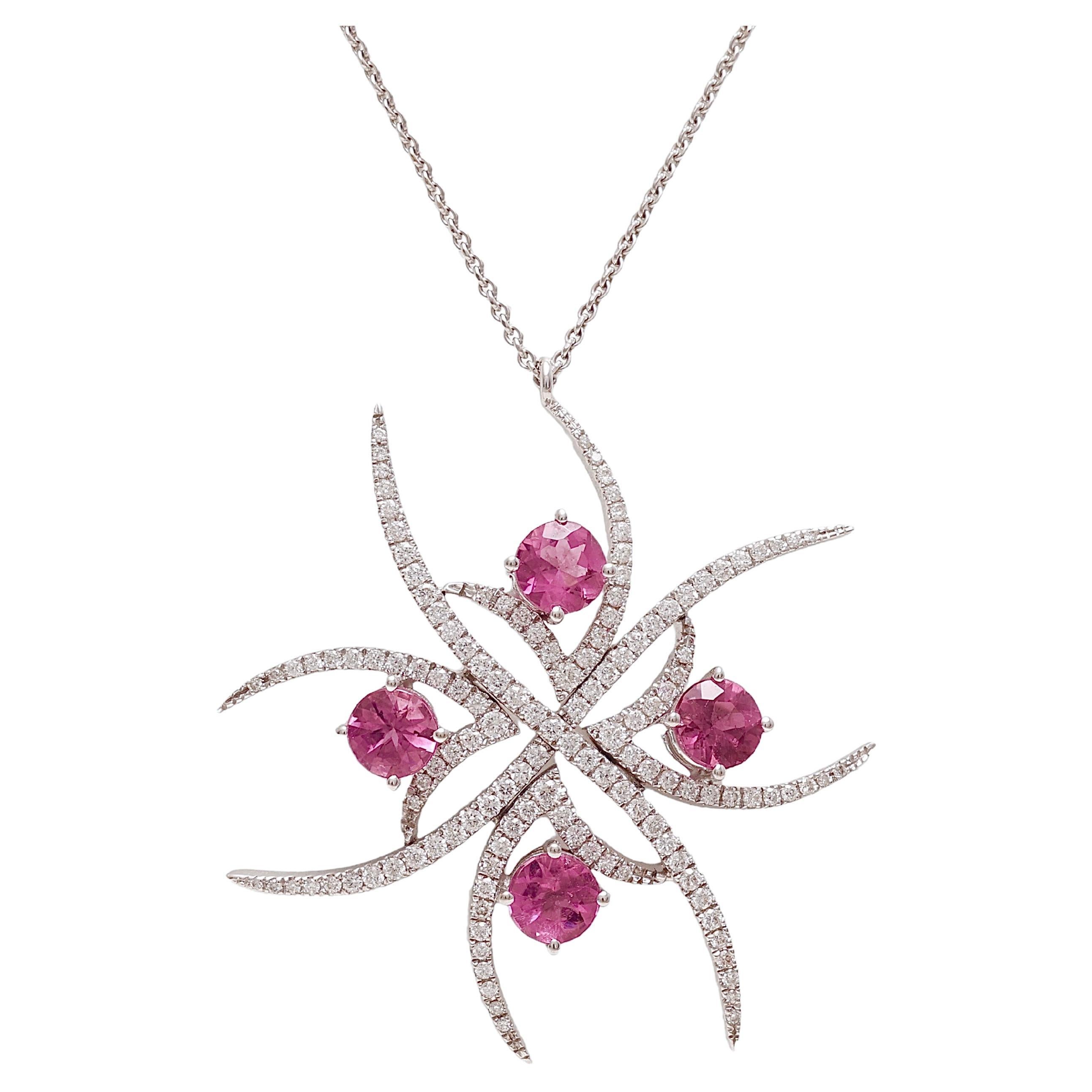 18kt Necklace With 2Ct Pink Amethyst Gemstones Surrounded by 1.02 Ct. Diamonds