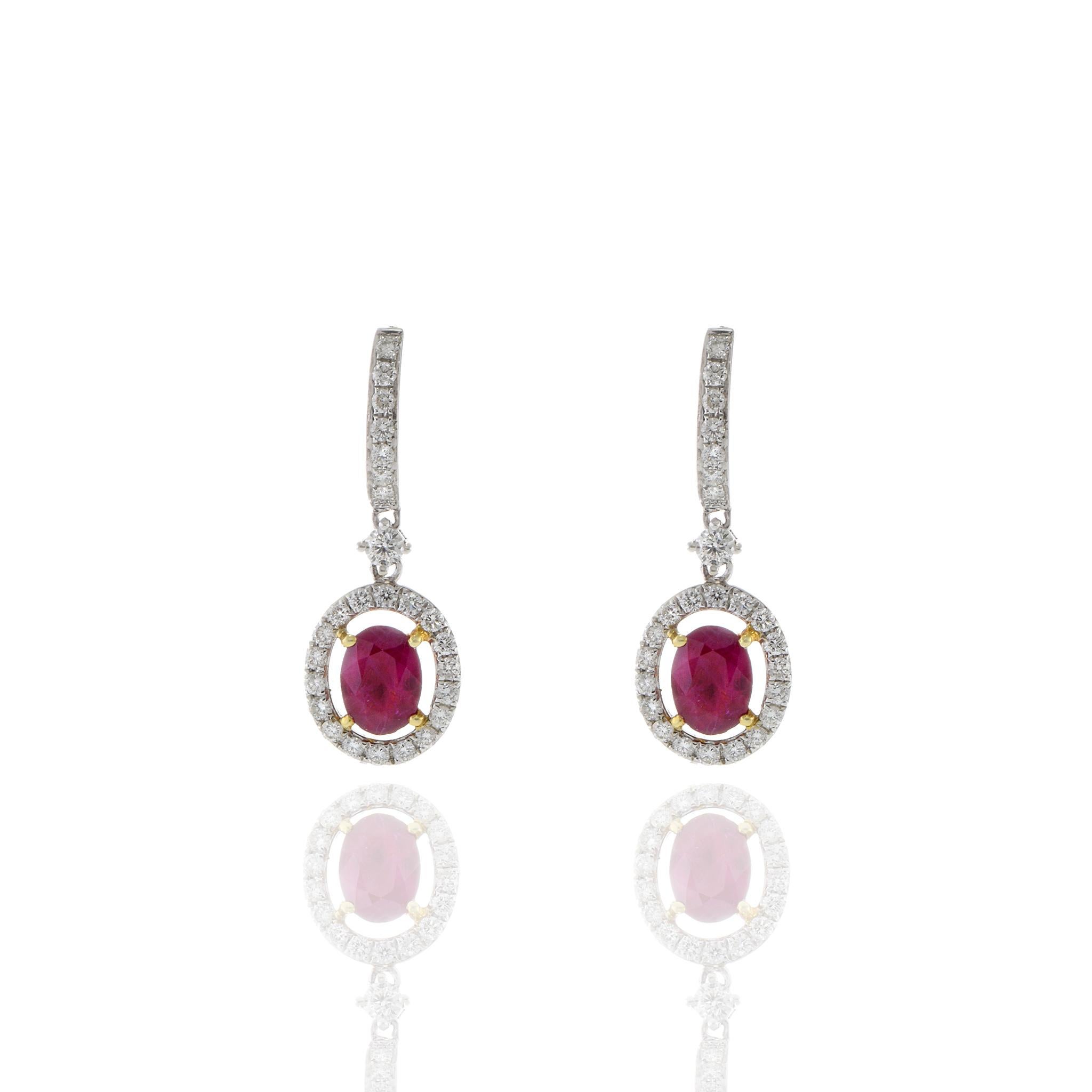 Modern 18KT Oval Ruby And Diamond Drop Earrings For Sale