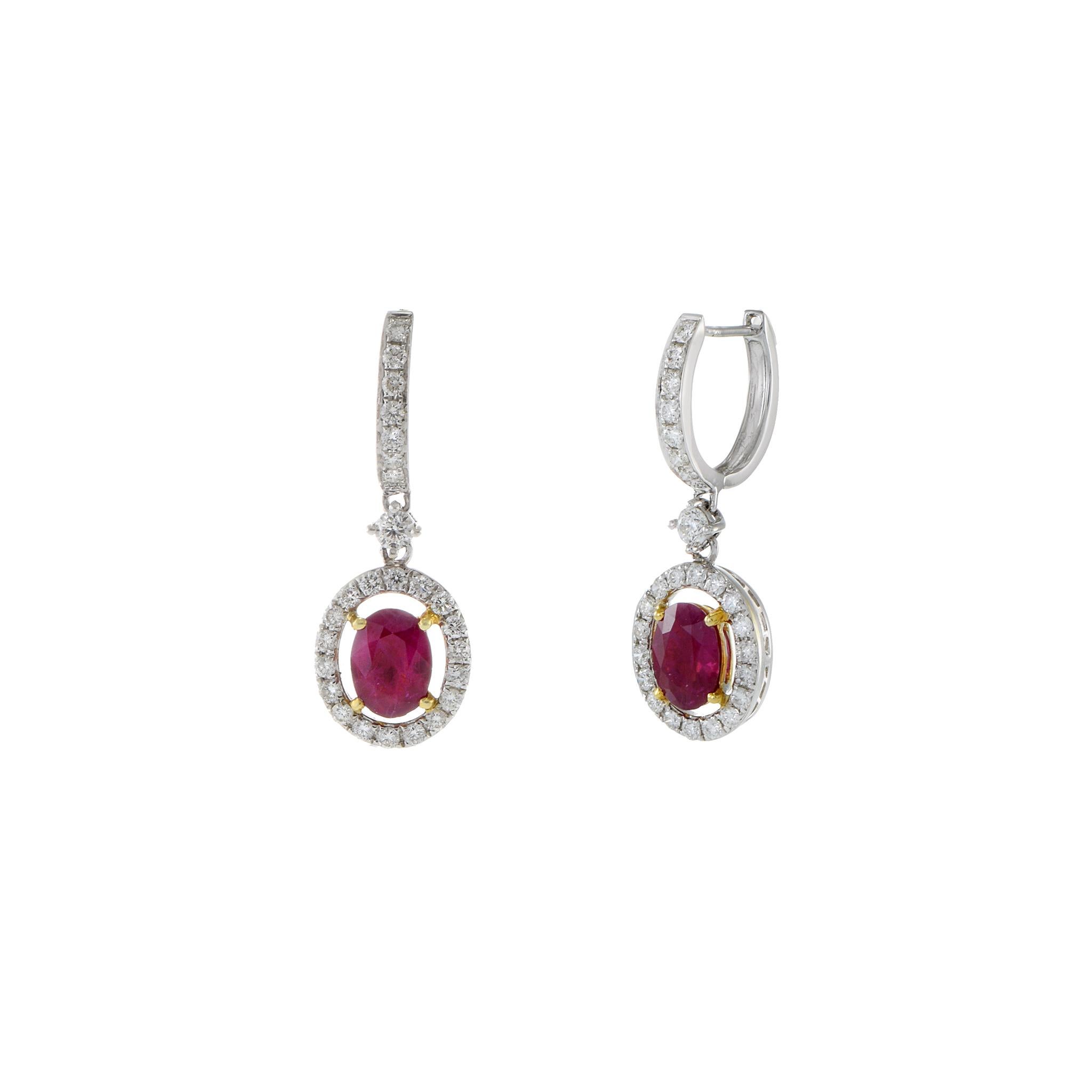 Oval Cut 18KT Oval Ruby And Diamond Drop Earrings For Sale