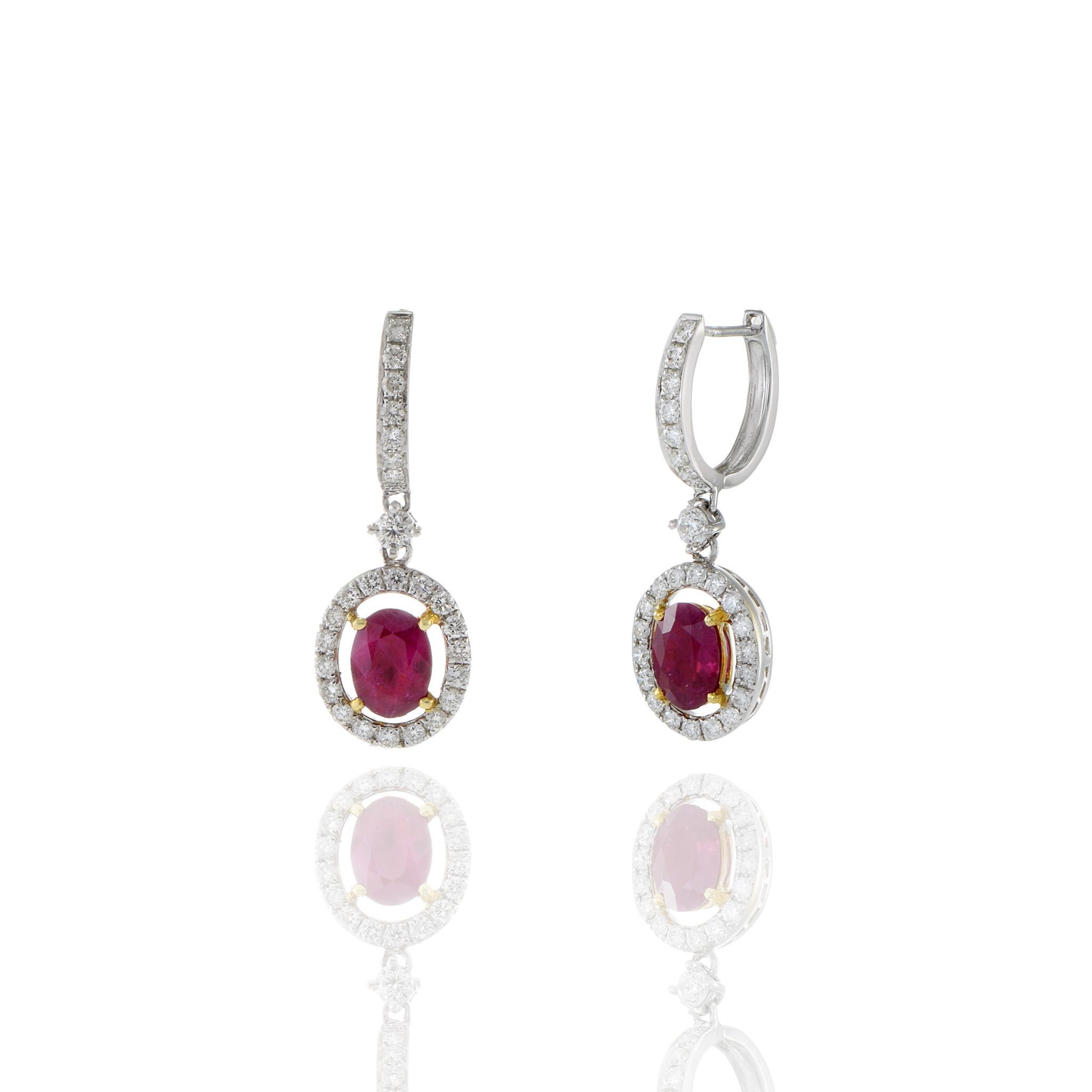 18KT Oval Ruby And Diamond Drop Earrings In New Condition For Sale In New York, NY
