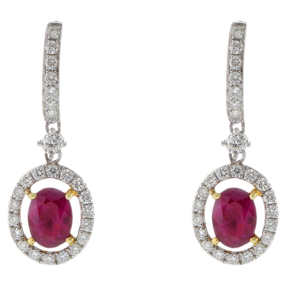 18KT Oval Ruby And Diamond Drop Earrings For Sale