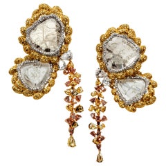 18kt P/Y/W Gold Earrings w/ Slice Diamonds, Colored Rosecut and Pearshape Diamond