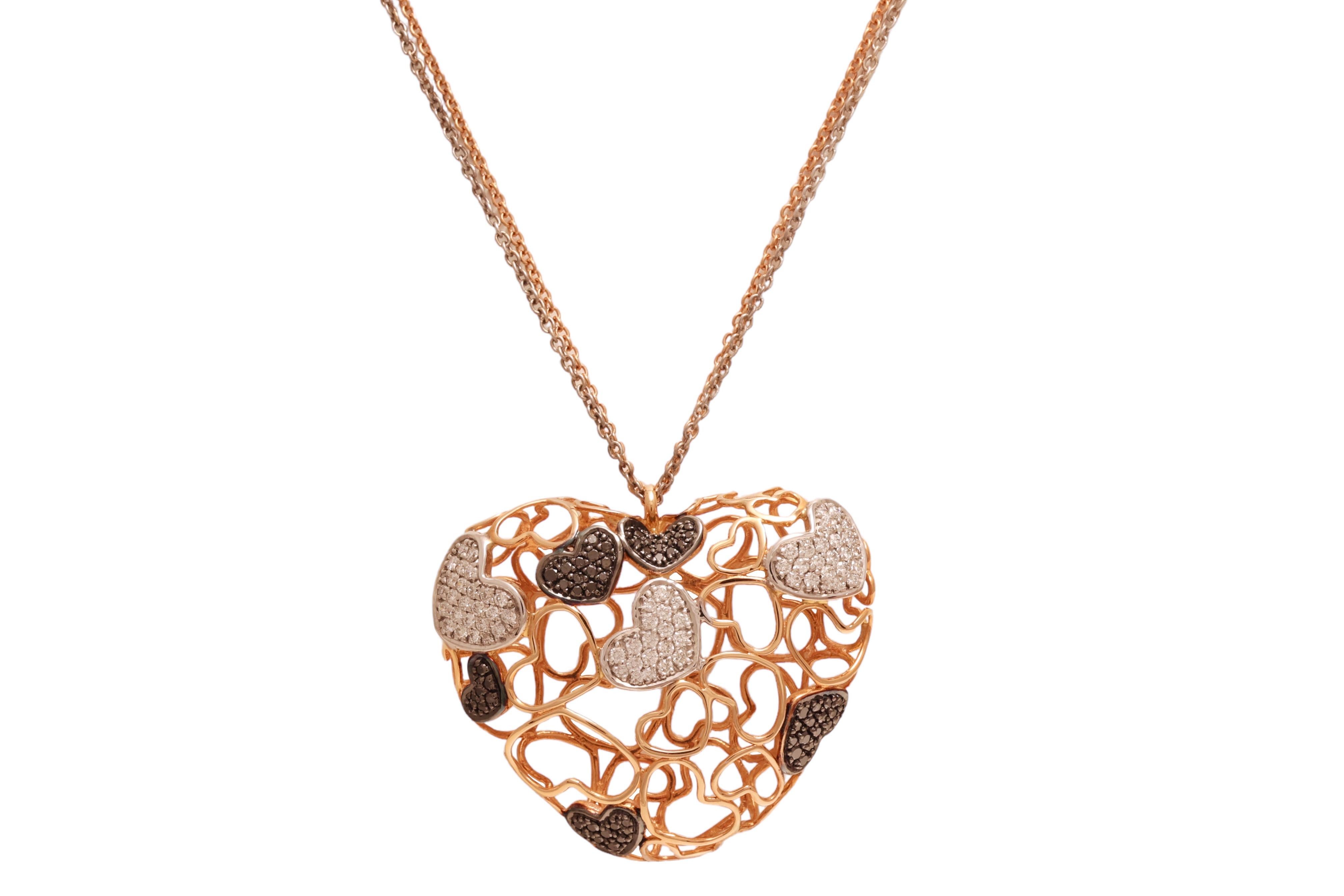 18kt Pink Gold 1.34ct White and 0.84 Ct Black Diamonds Heartshaped Necklace In New Condition For Sale In Antwerp, BE