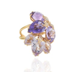 18KT Pink Gold Amethyst Petal Ring with Diamond Leaf Accents