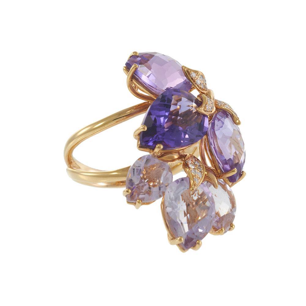 Taglio a goccia Anello con petali di ametista in oro rosa 18KT e accenti di foglie di diamante in vendita