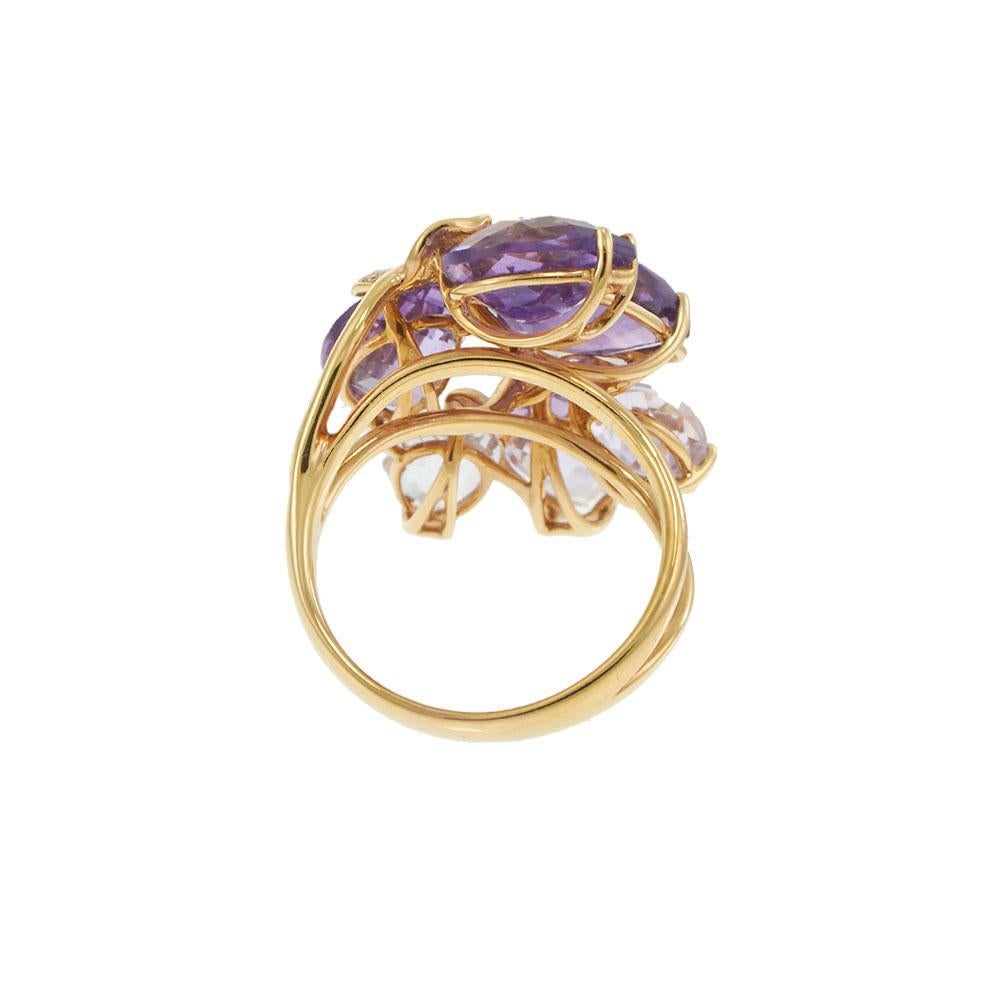 Anello con petali di ametista in oro rosa 18KT e accenti di foglie di diamante in vendita 1