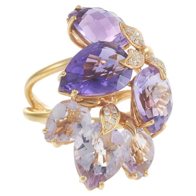 Anello con petali di ametista in oro rosa 18KT e accenti di foglie di diamante in vendita