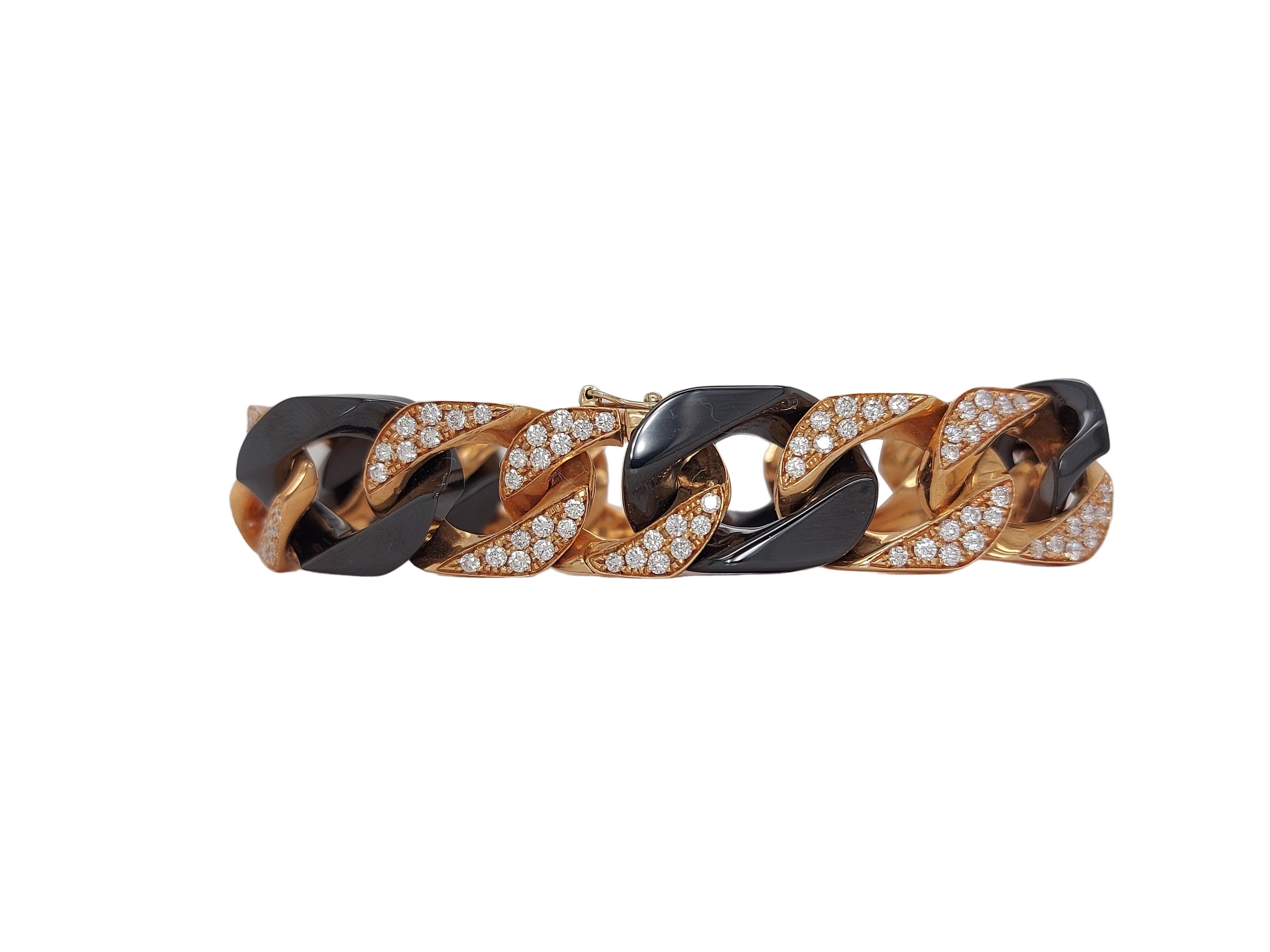 Artisan 18kt Pink Gold Bracelet With Brilliant Cut Diamonds and Black Onyx For Sale