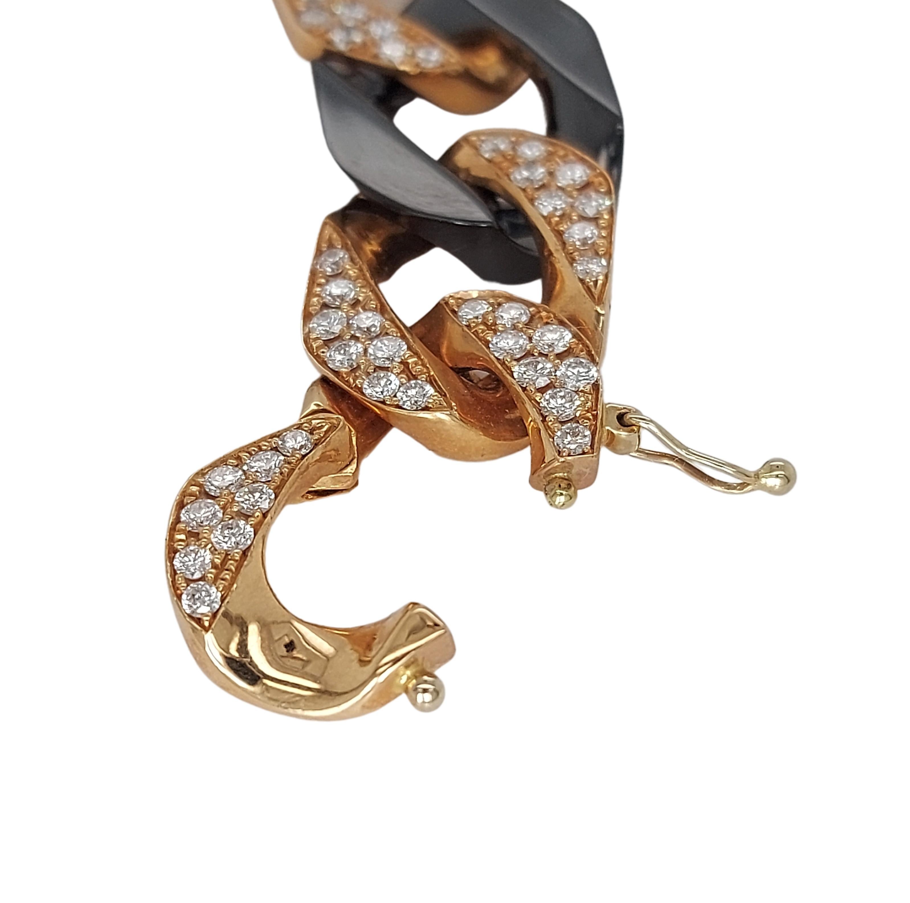 Women's or Men's 18kt Pink Gold Bracelet With Brilliant Cut Diamonds and Black Onyx For Sale