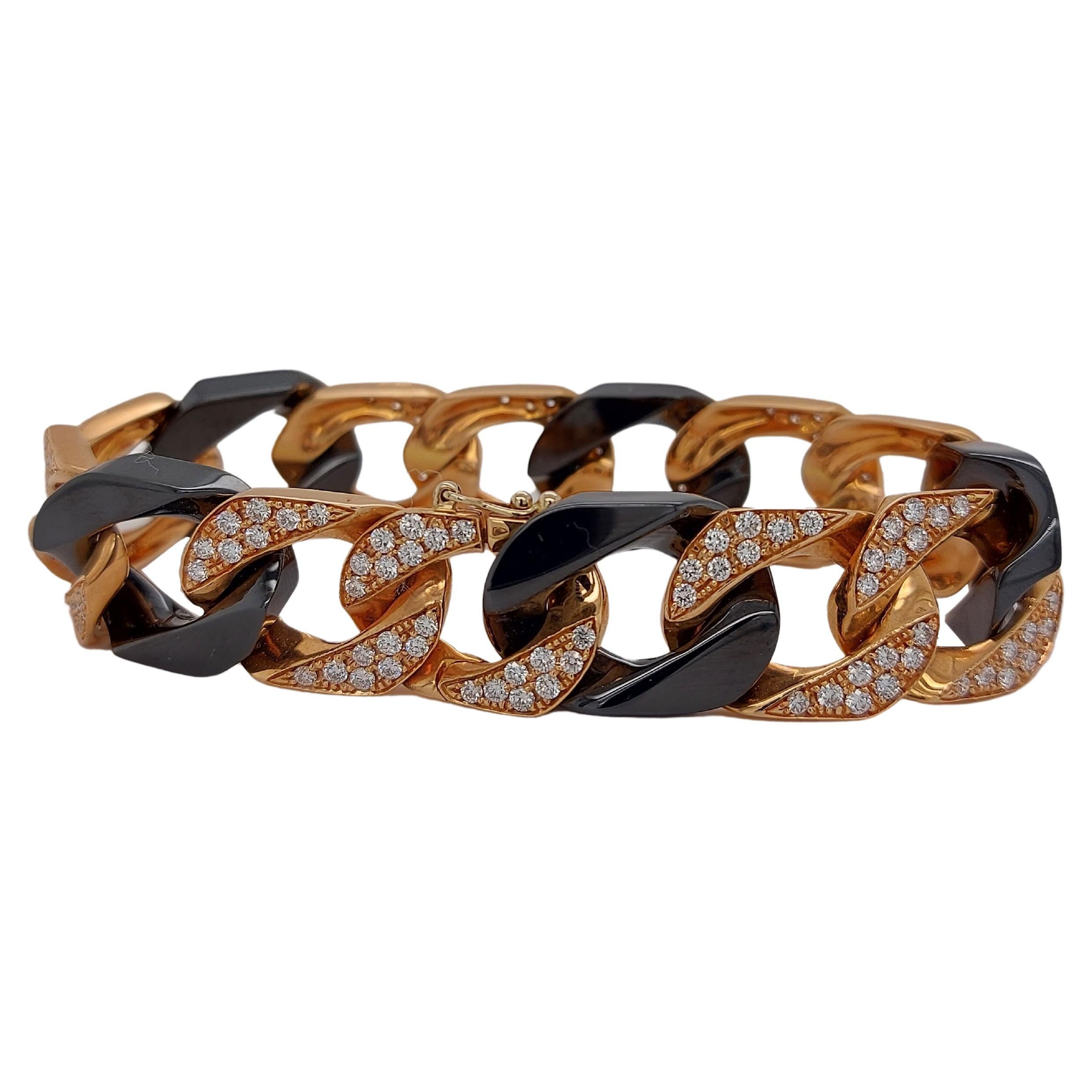 18kt Pink Gold Bracelet With Brilliant Cut Diamonds and Black Onyx For Sale
