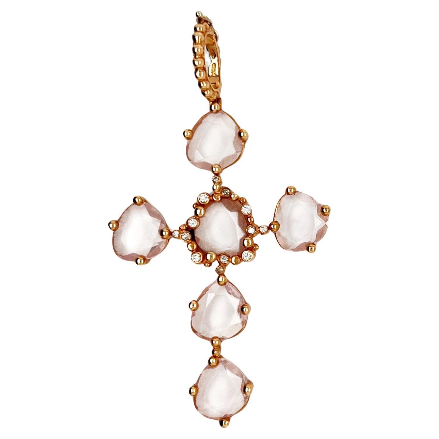 18kt Pink Gold Cross pendant with pink quartz and natural diamonds For Sale