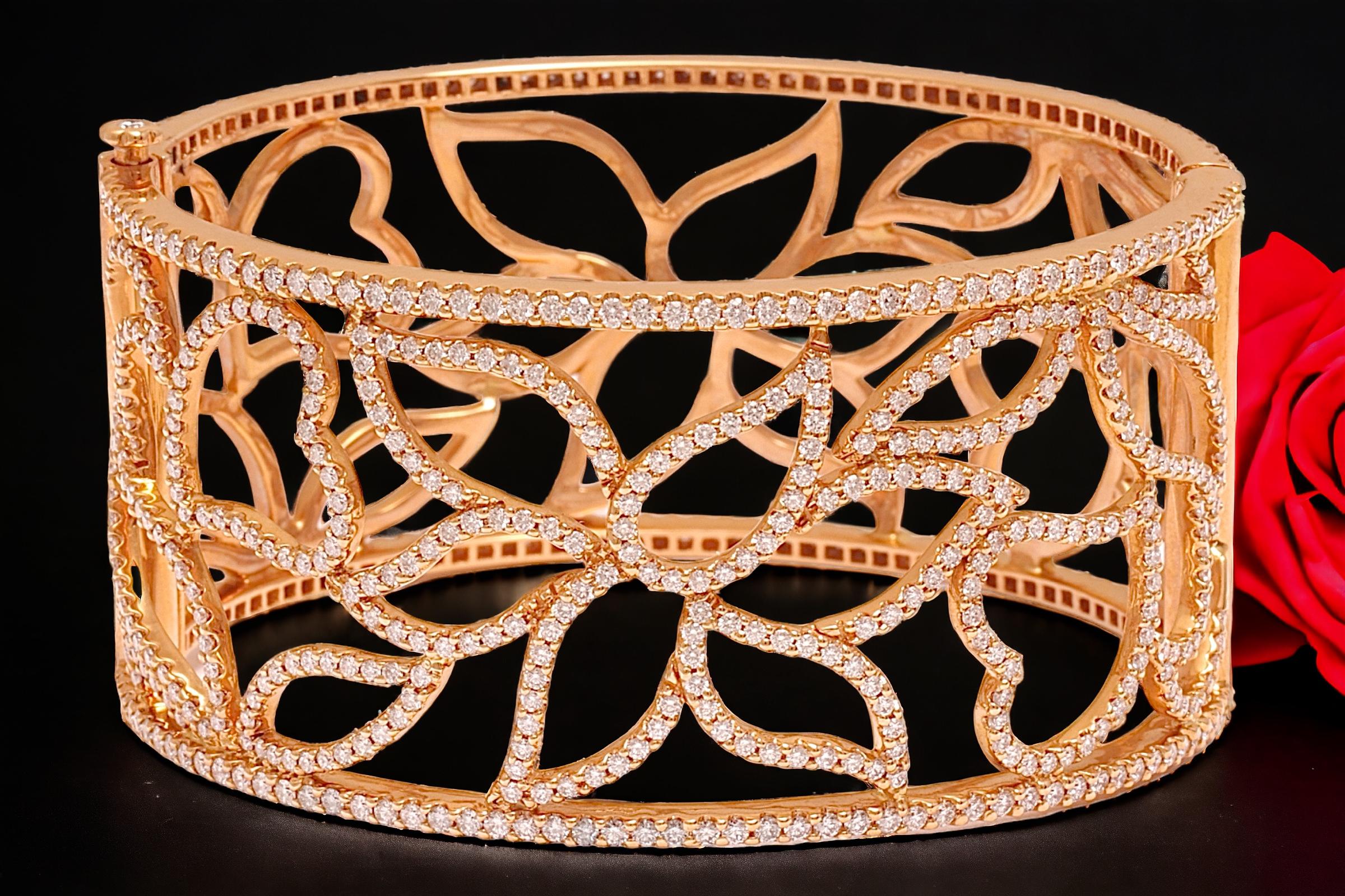 Beautiful 18 kt. Pink Gold Cuff Bracelet set with 5.87 ct. Brilliant Cut Diamonds. 

This bracelet was inspired by nature. Every diamond on it's place represents together the flowers and the love for nature. 

Bracelet can be worn 2 sided, If its