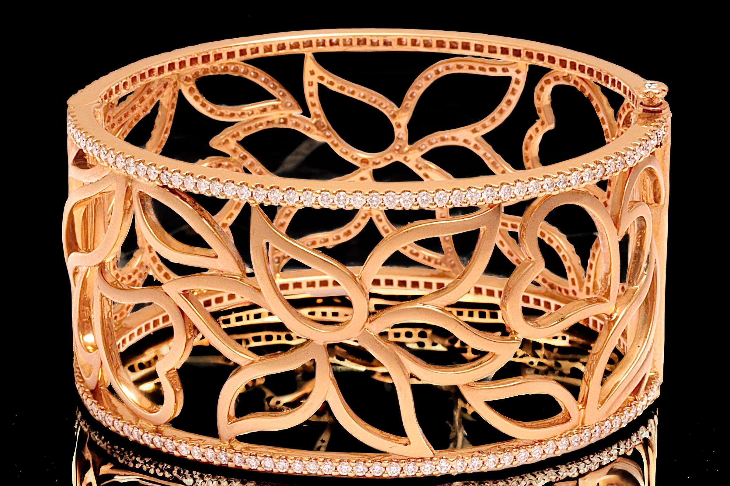 Brilliant Cut 18kt Pink Gold Cuff Bracelet, Flower Design, set with 5.87 ct. Diamonds, 2 Sided For Sale