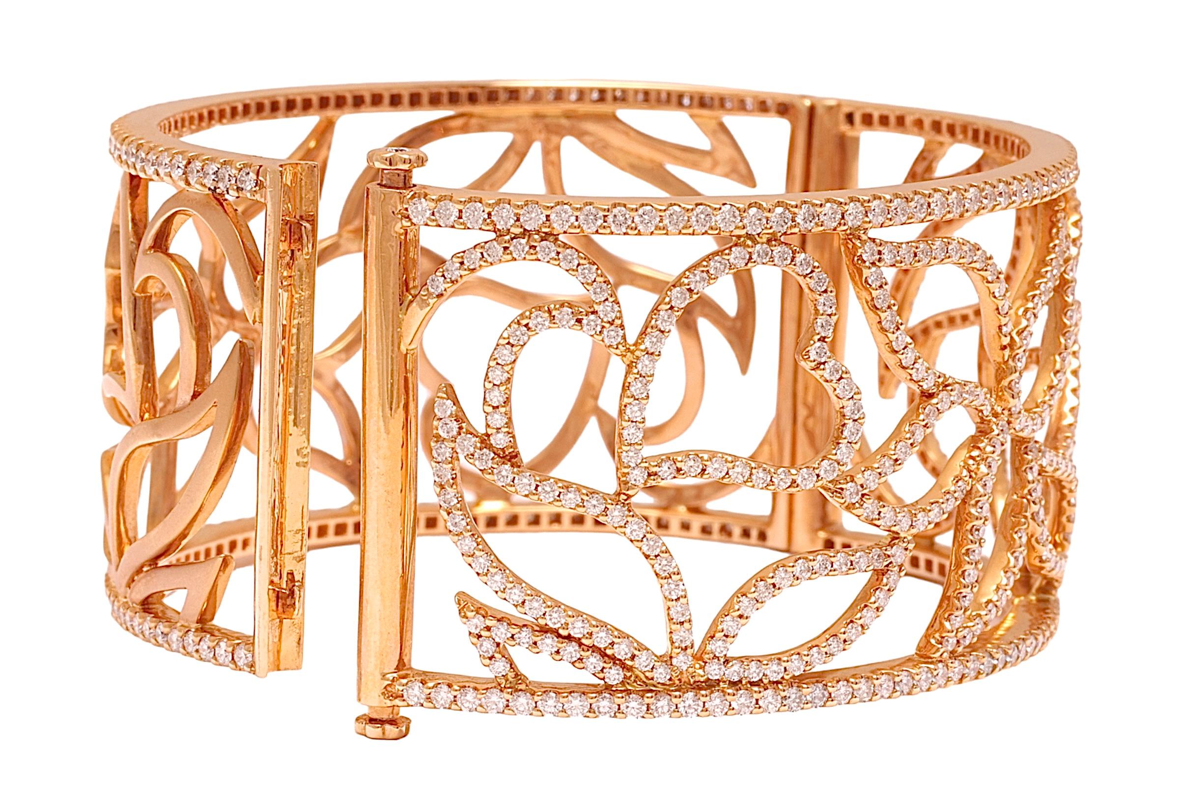 Women's or Men's 18kt Pink Gold Cuff Bracelet, Flower Design, set with 5.87 ct. Diamonds, 2 Sided For Sale