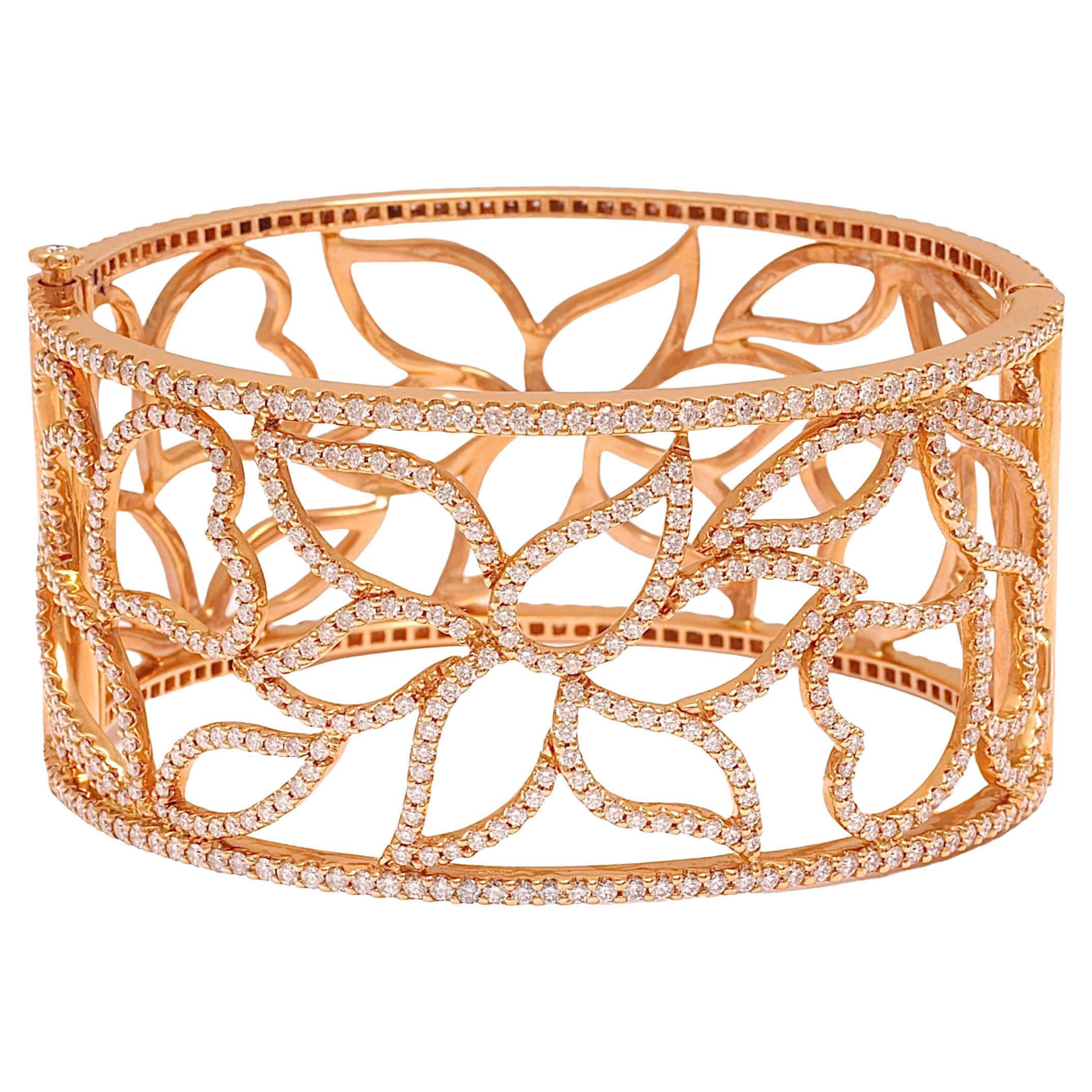 18kt Pink Gold Cuff Bracelet, Flower Design, set with 5.87 ct. Diamonds, 2 Sided