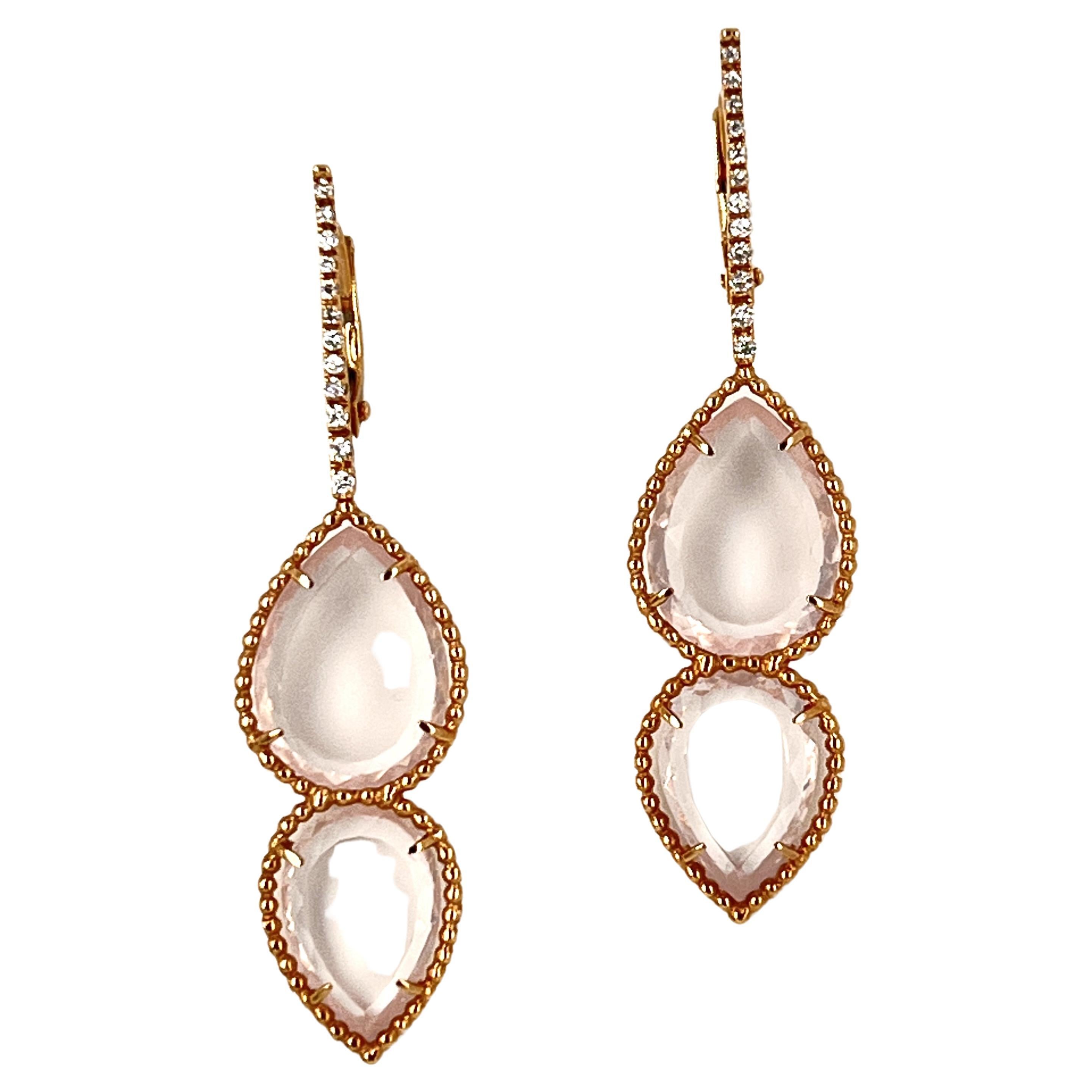 Boucles d'oreilles en or rose 18 carats, quartz rose et diamants naturels