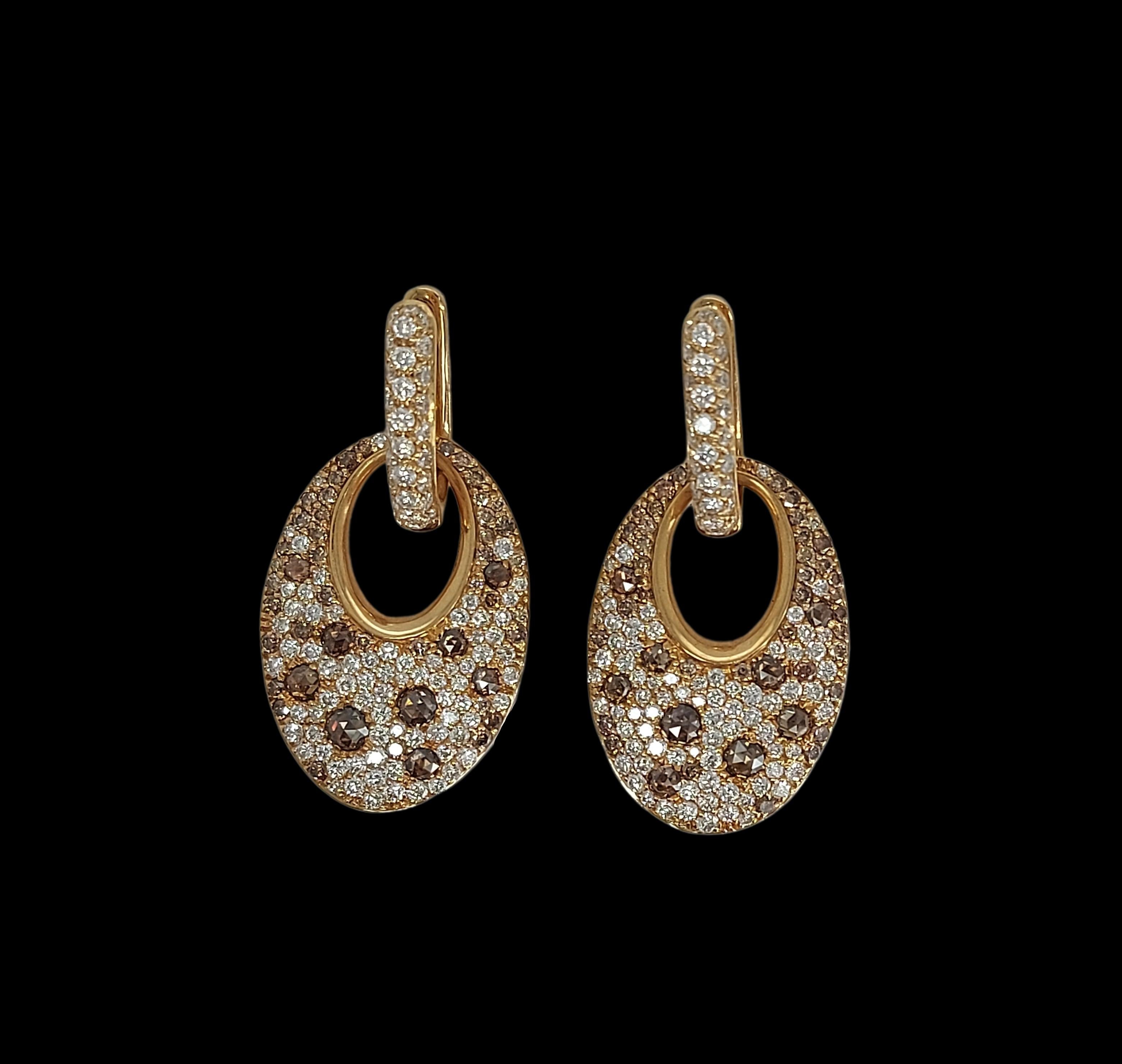 18kt Pink Gold Earrings with 2.82ct White and Cognac Diamonds For Sale 5