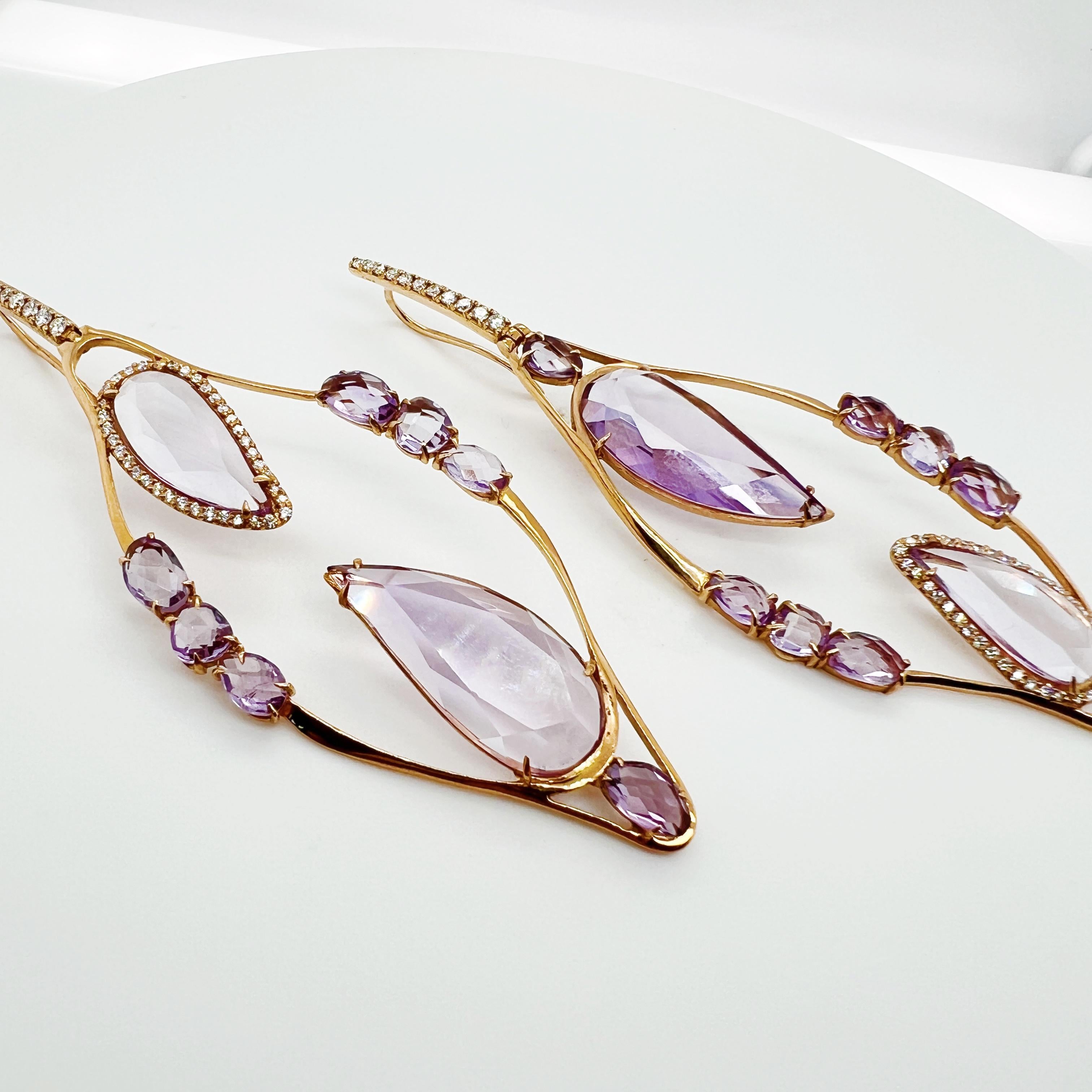 All of our jewellery is made by Italian Artisans to guarantee the Made In Italy manufacturing. 

The 18kt Pink Gold Earrings with Amethyst drops and Natural Diamonds is an everyday piece of jewelry. 
They are beautifully designed and crafted with