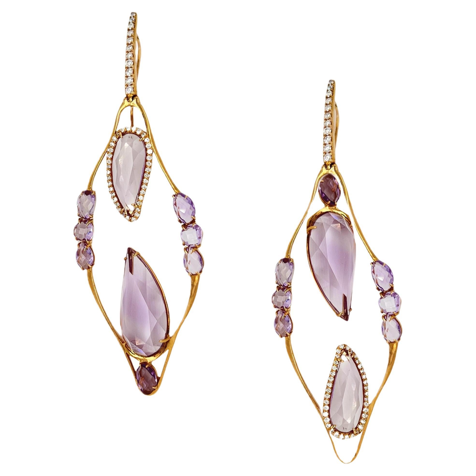 18kt Pink Gold Earrings with Amethyst drops and natural diamonds For Sale
