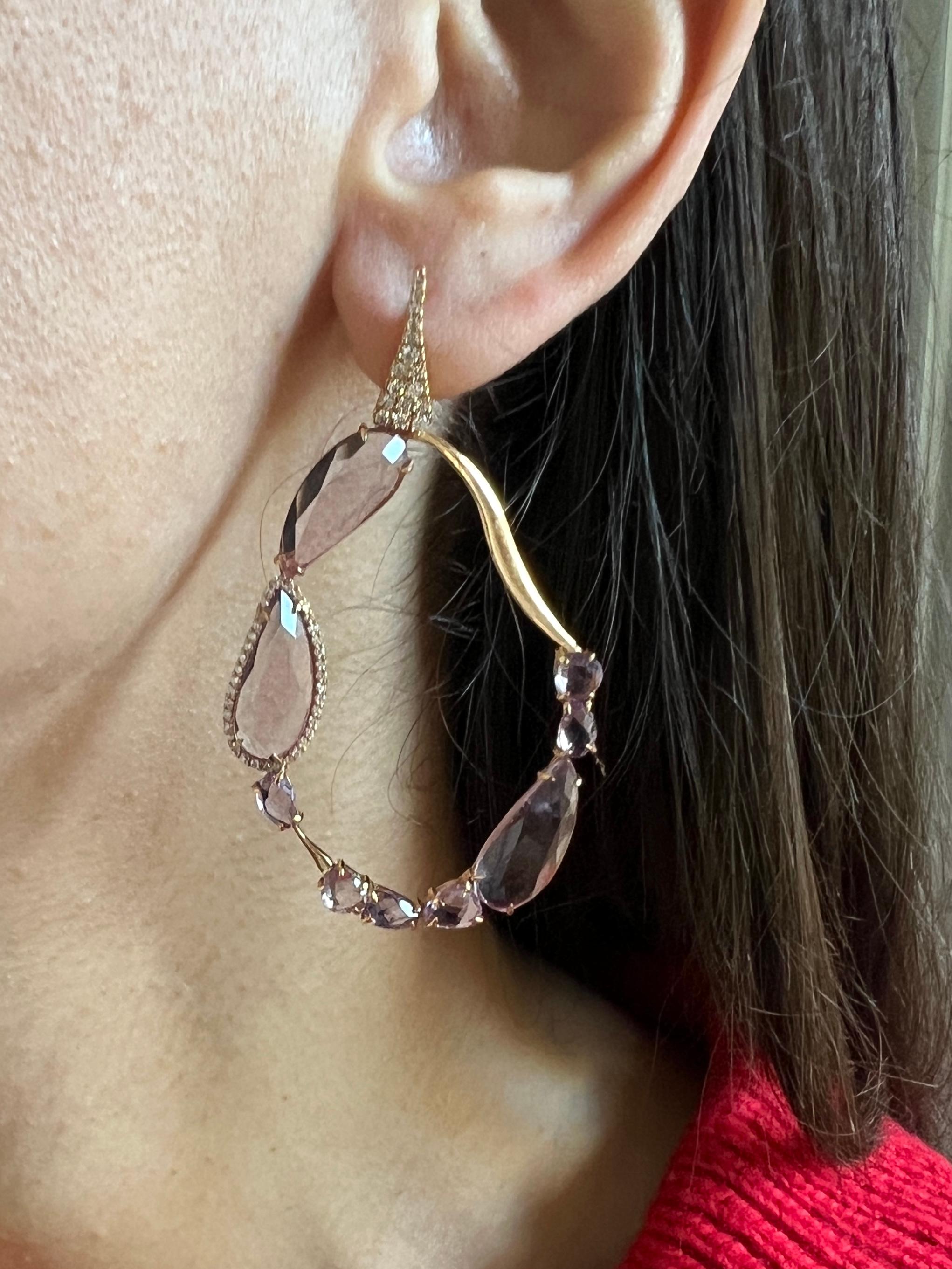 Modern 18kt Pink Gold Earrings with Smoky quartz drops and natural diamonds For Sale