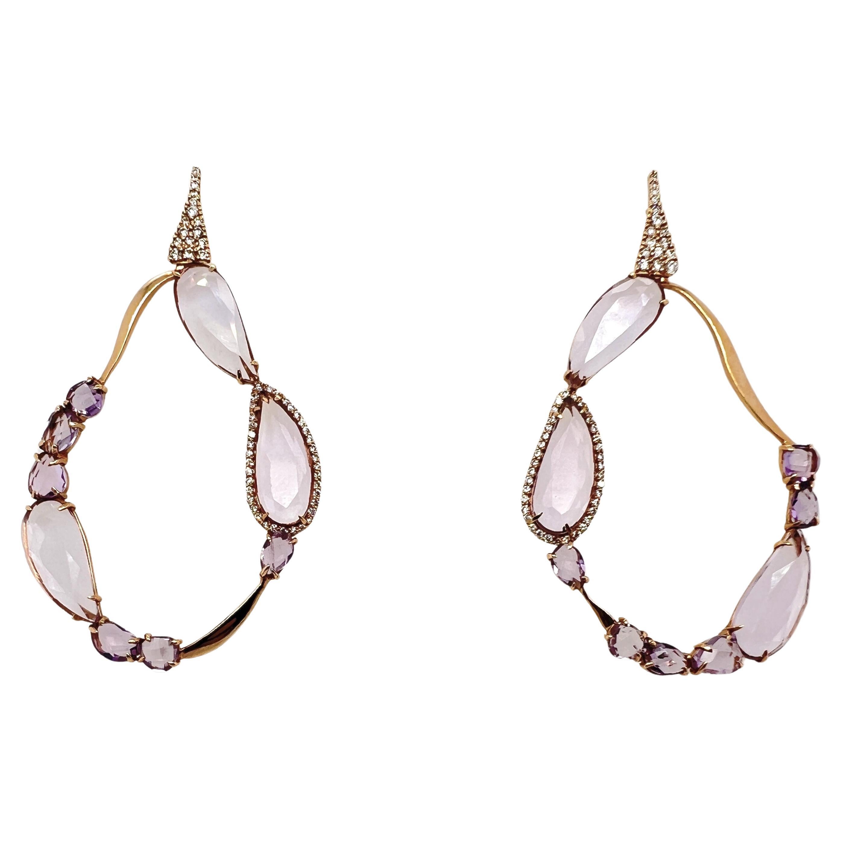 18kt Pink Gold Earrings with Smoky quartz drops and natural diamonds For Sale