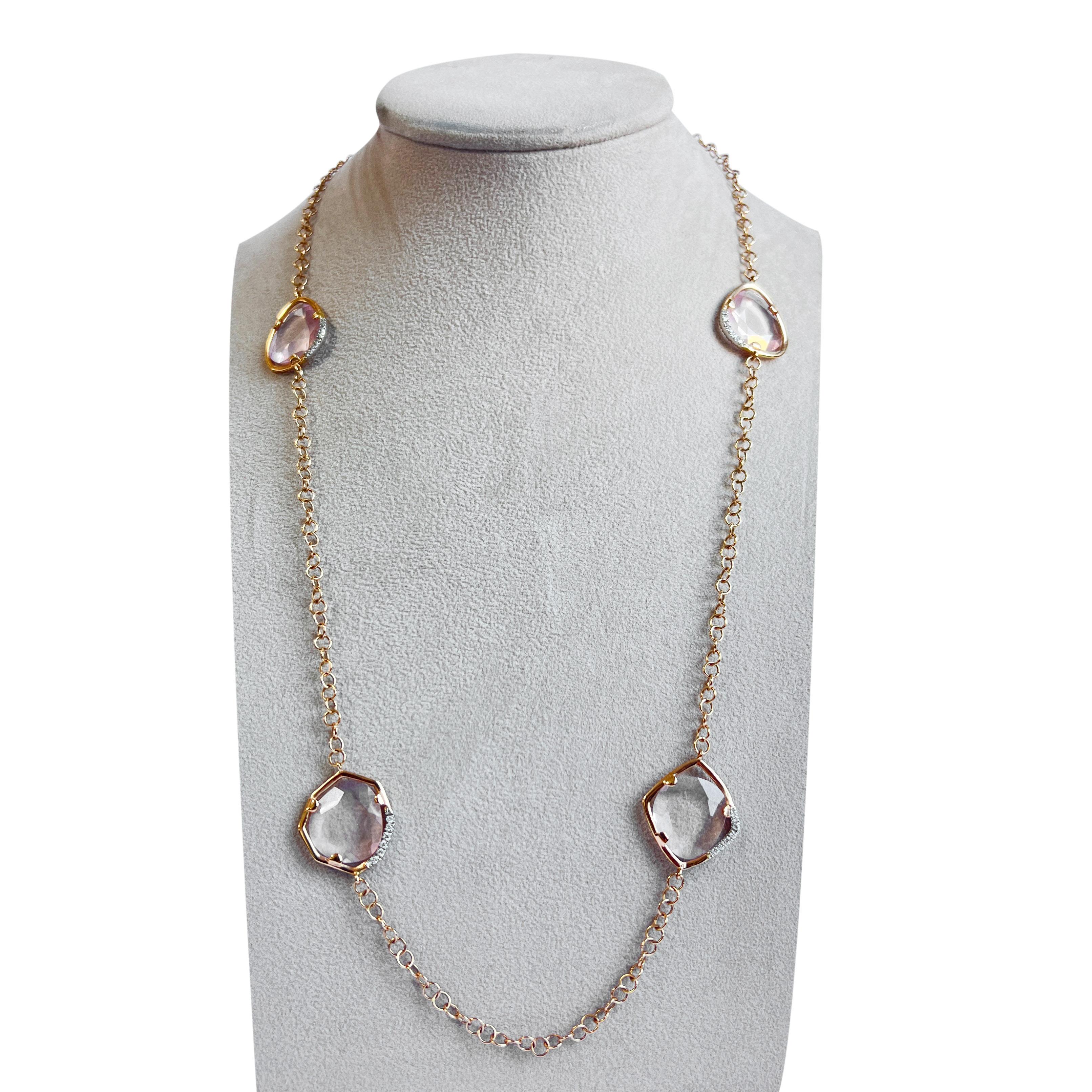 All of our jewellery is made by Italian Artisans to guarantee the Made In Italy manufacturing. 
This 18kt Pink Gold Necklace chain with Pink Quartz gems is a beautiful and elegant piece of jewelry. Pink gold  has a warm and romantic hue that