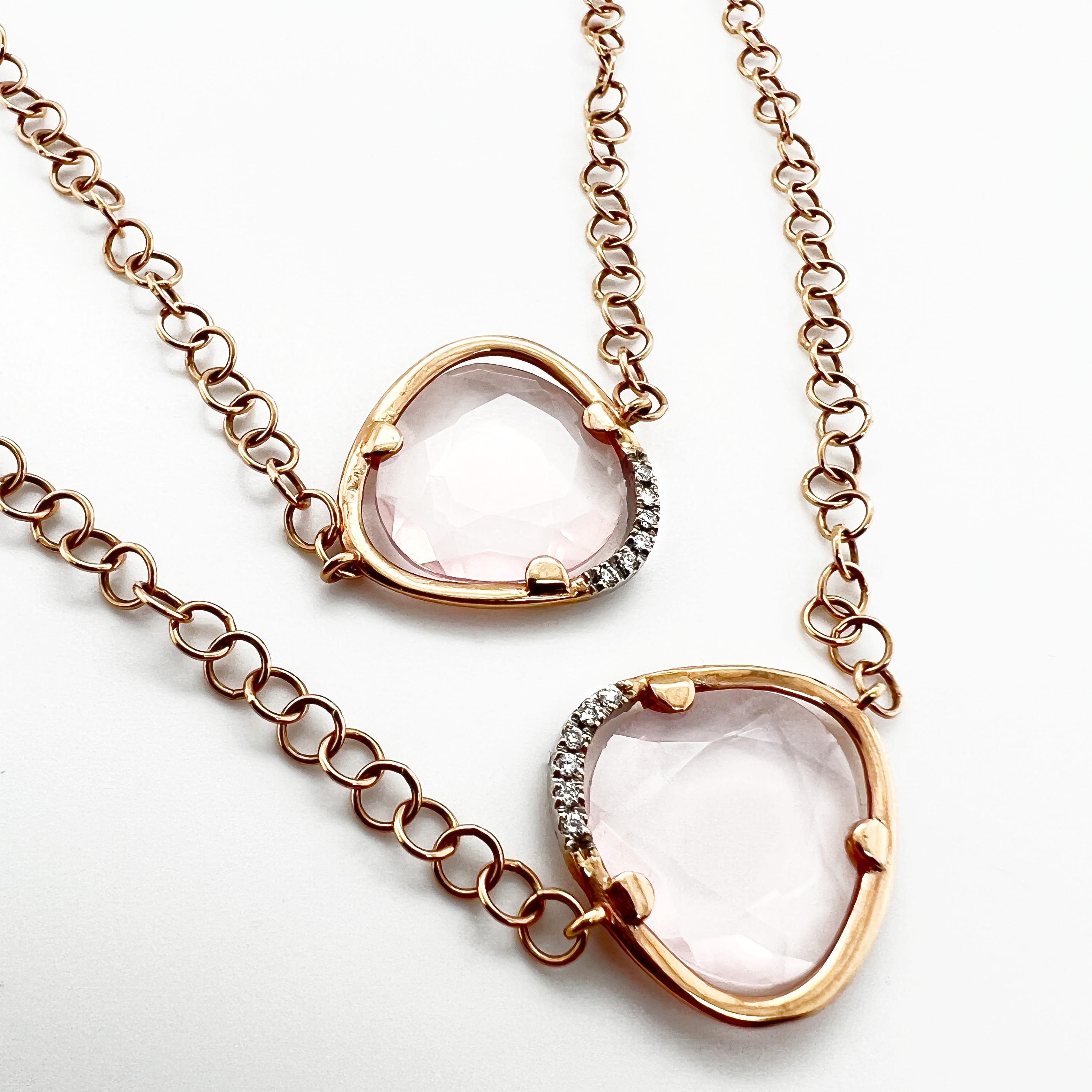Modern 18kt Pink Gold long Necklace  chain with Pink Quartz Gems & Natural diamonds For Sale