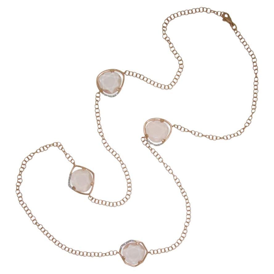 18kt Pink Gold long Necklace  chain with Pink Quartz Gems & Natural diamonds