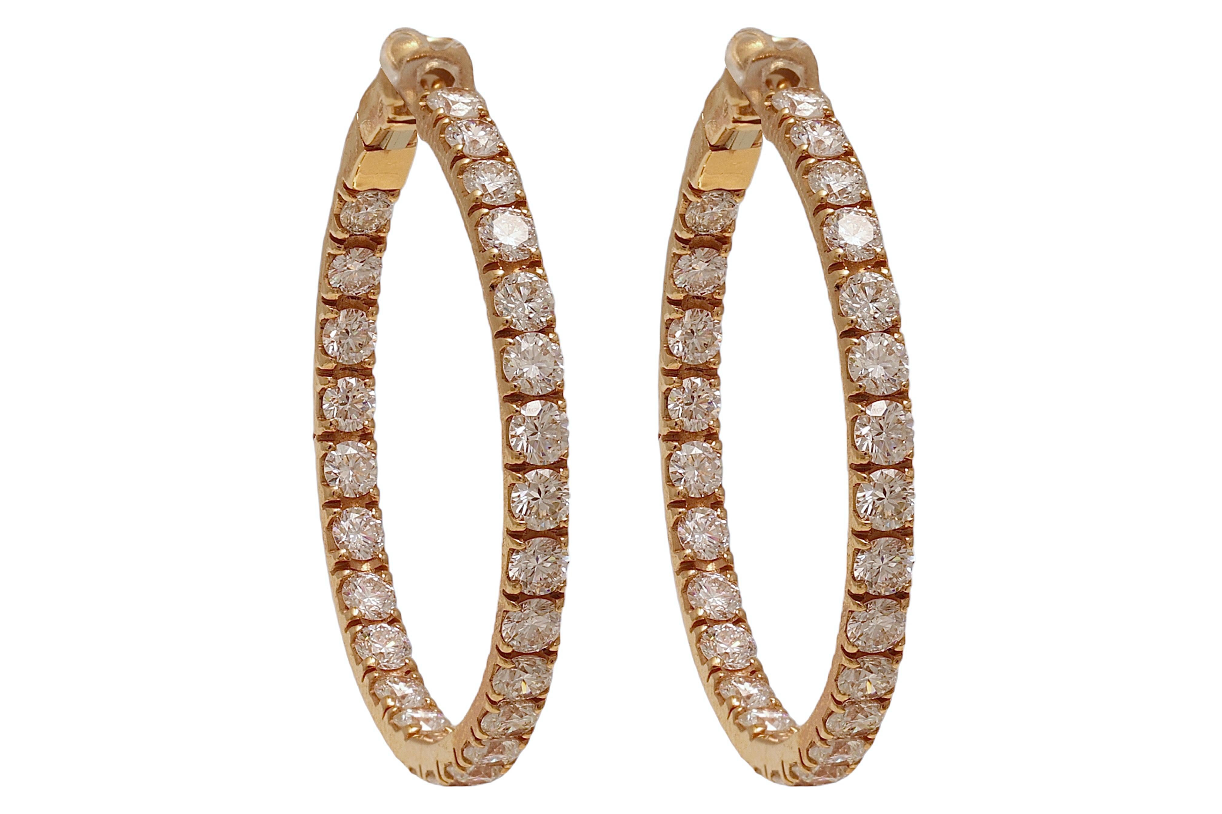Pendientes de aro/lazo de oro rosa de 18 quilates con 6,62 ct. Diamantes talla brillante Corte brillante en venta