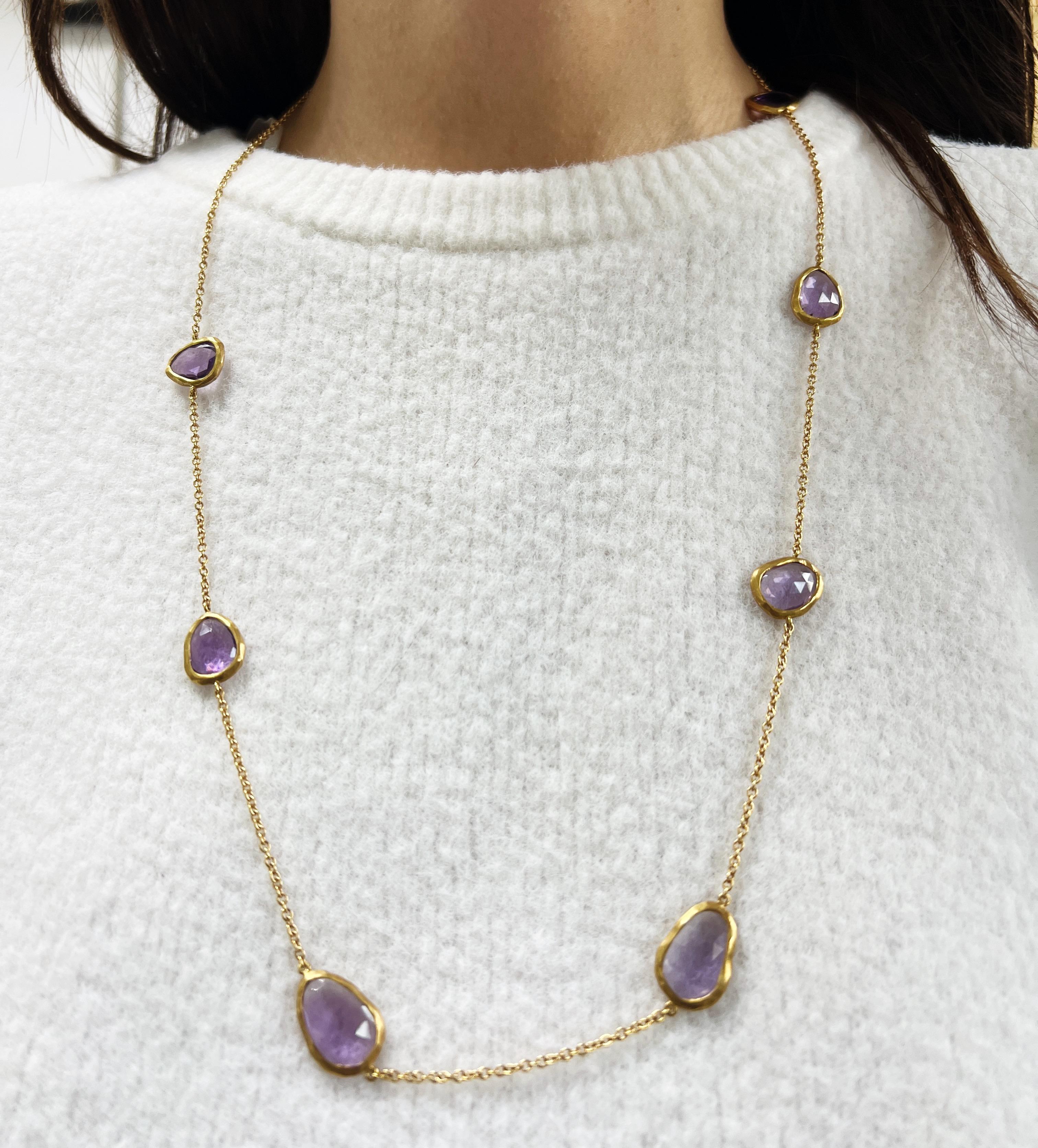 Modern 18kt Pink Gold Necklace chanel style chain with Amethyst gems